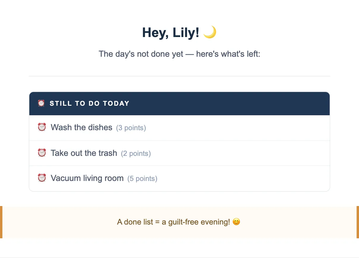 Example evening chore reminder email