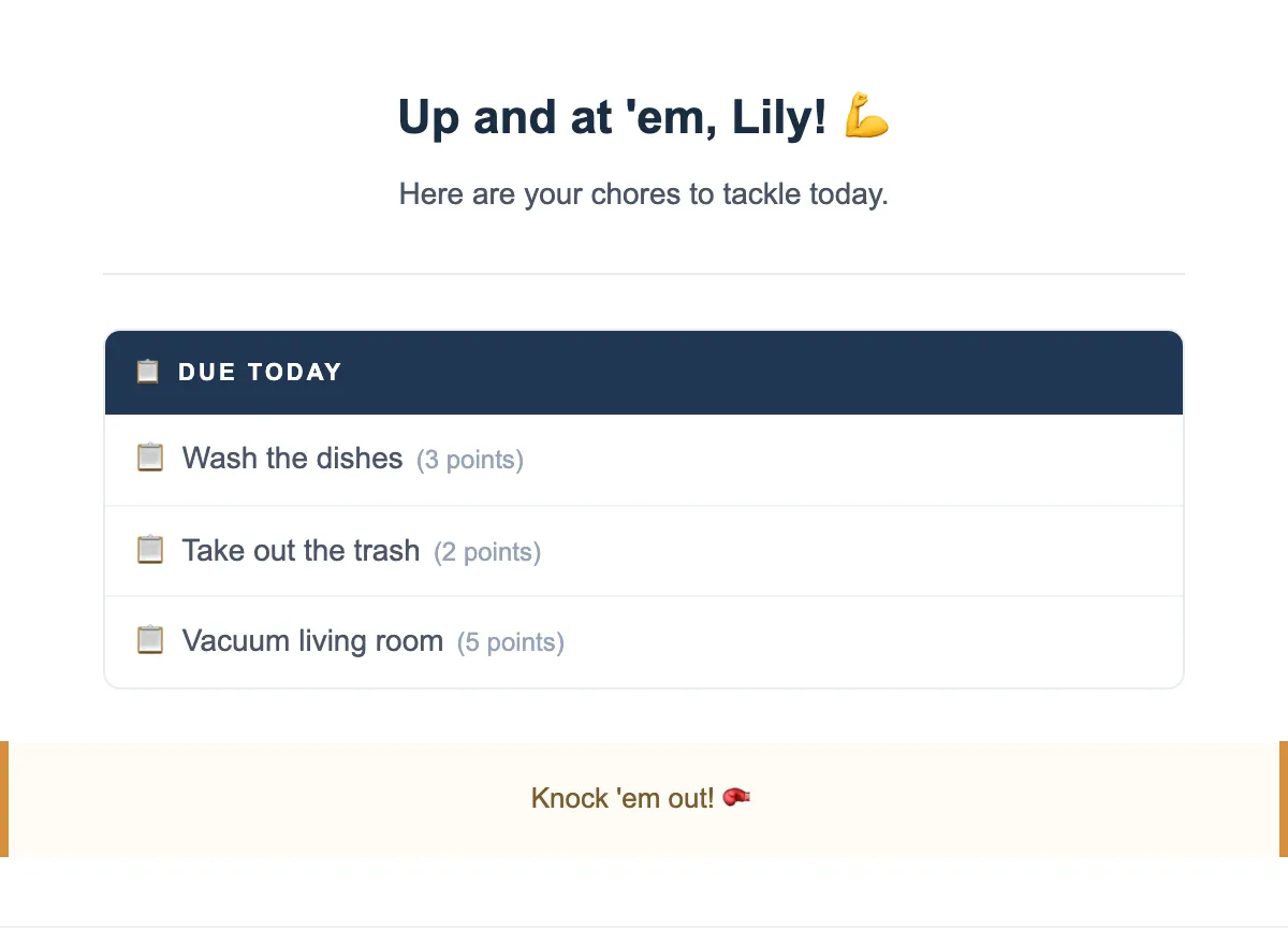 Example morning chore digest email