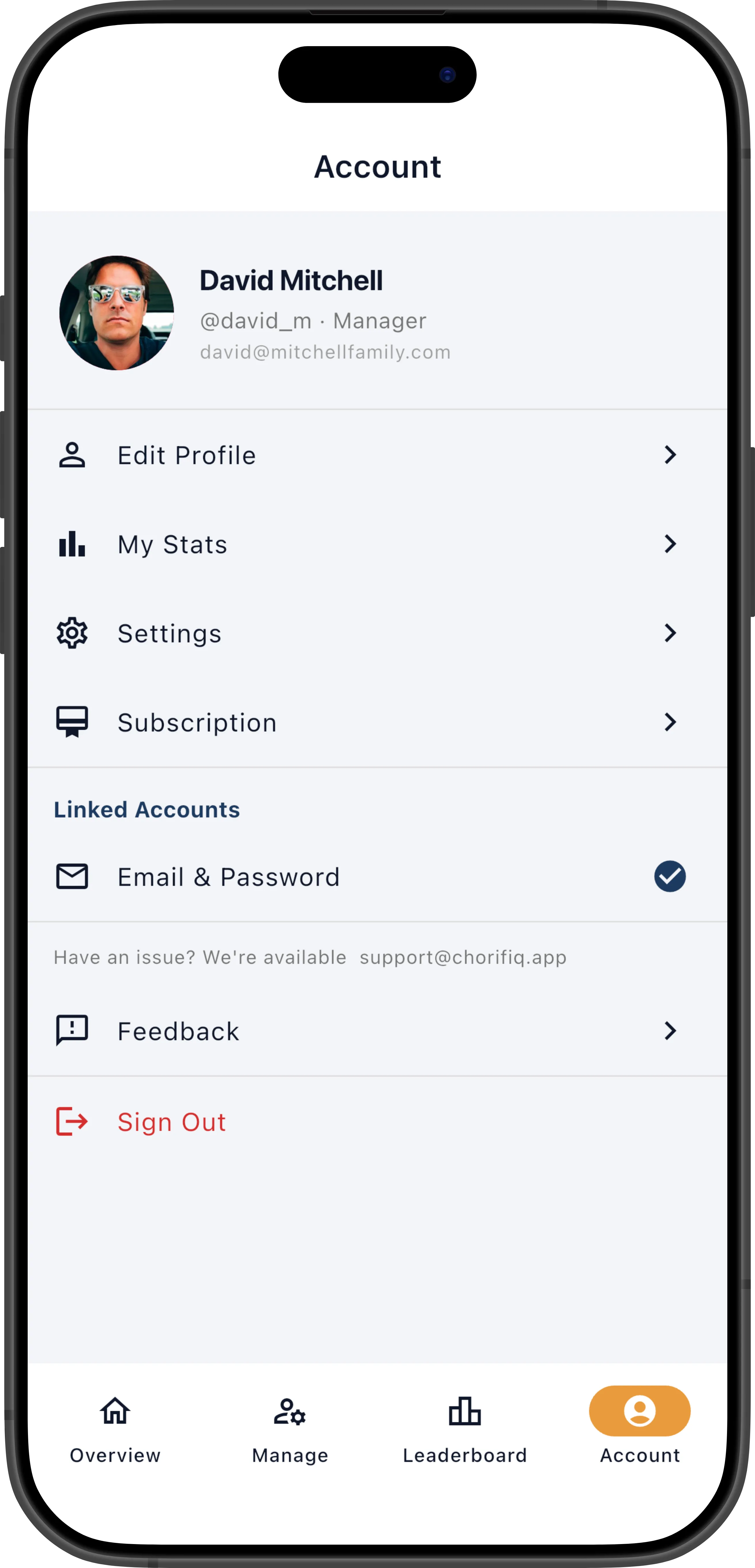 Account screen showing Edit Profile, Settings, Subscription, and Sign Out options