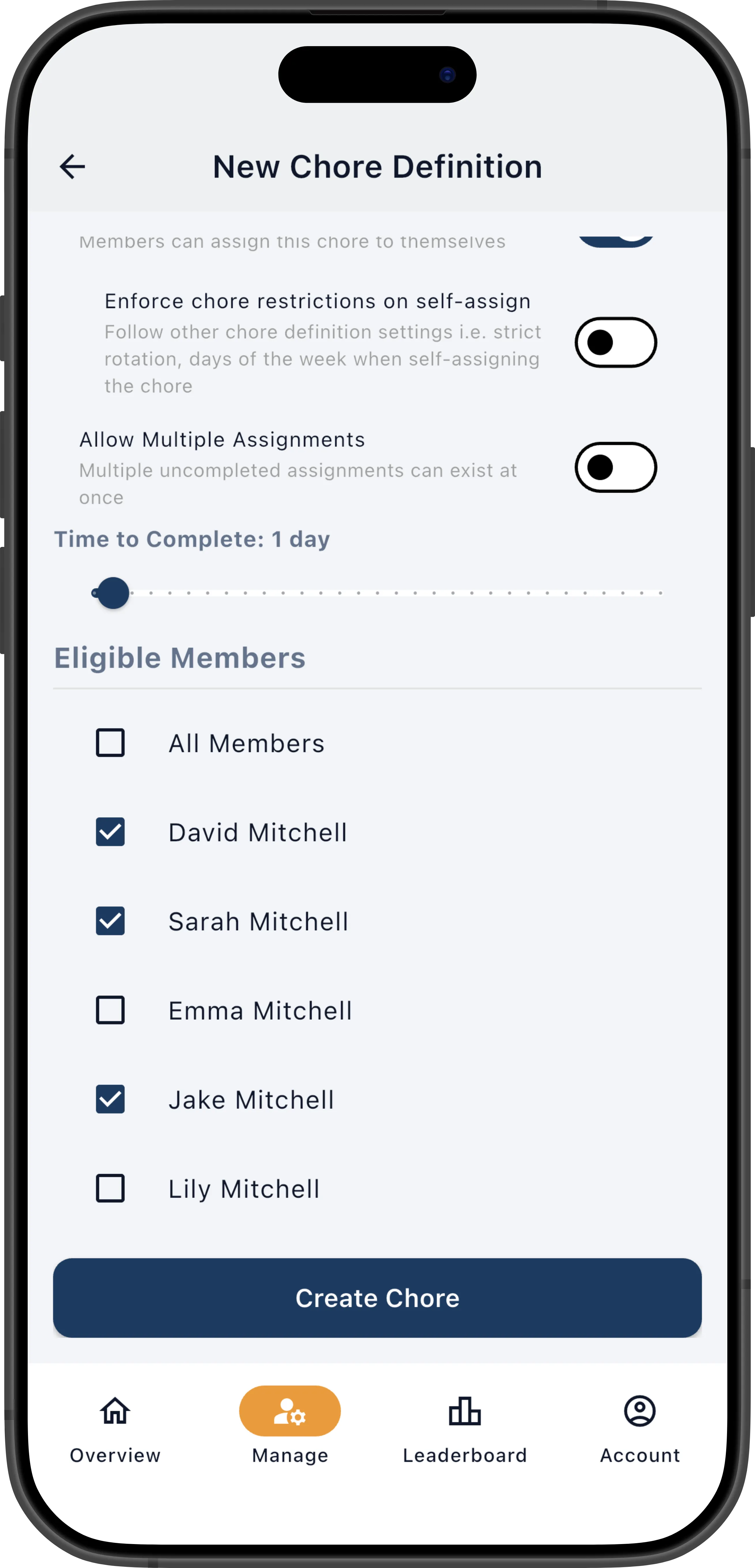 New Chore Definition screen showing the assignment toggles, time-to-complete slider, and eligible members list