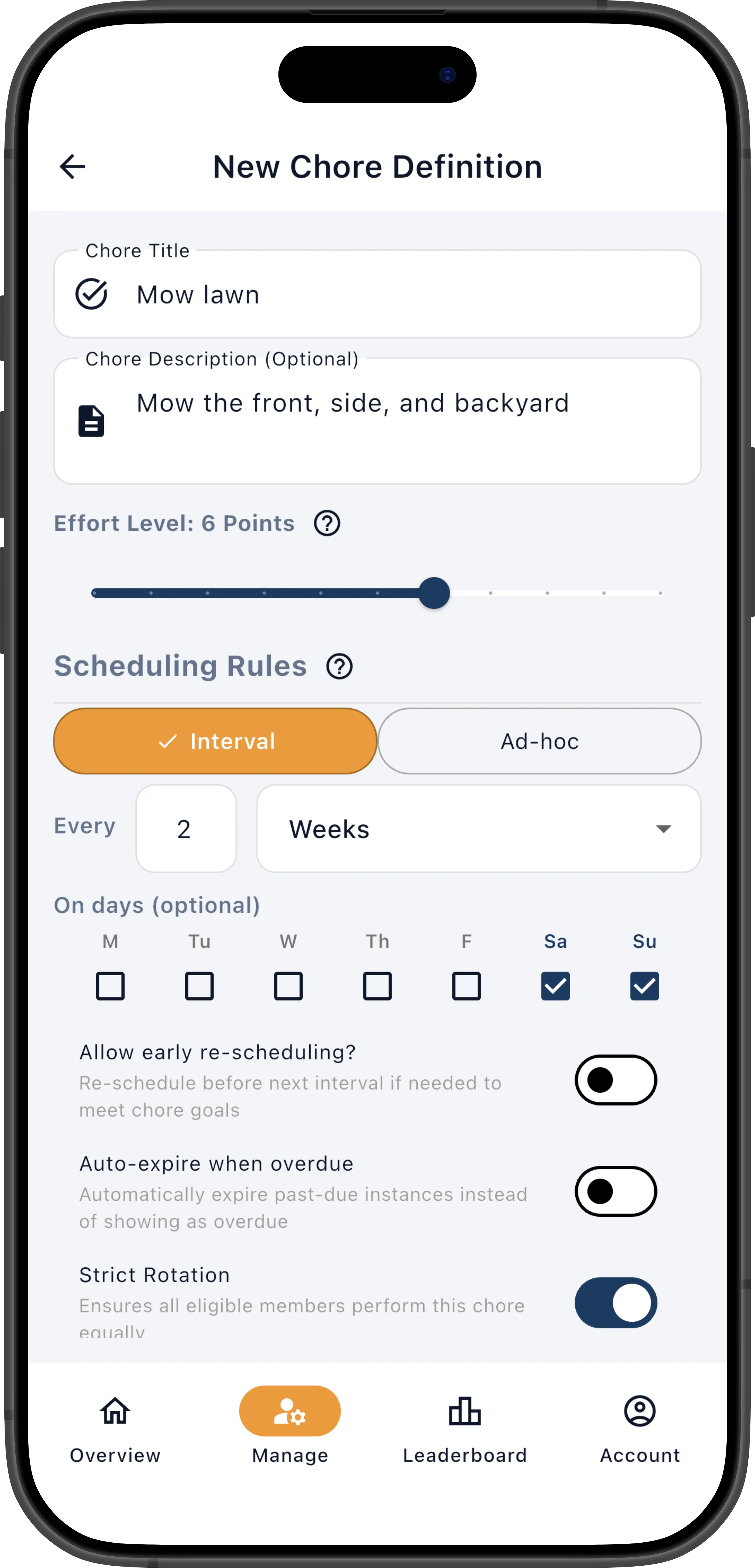 New Chore Definition screen showing the title, description, effort, and scheduling fields