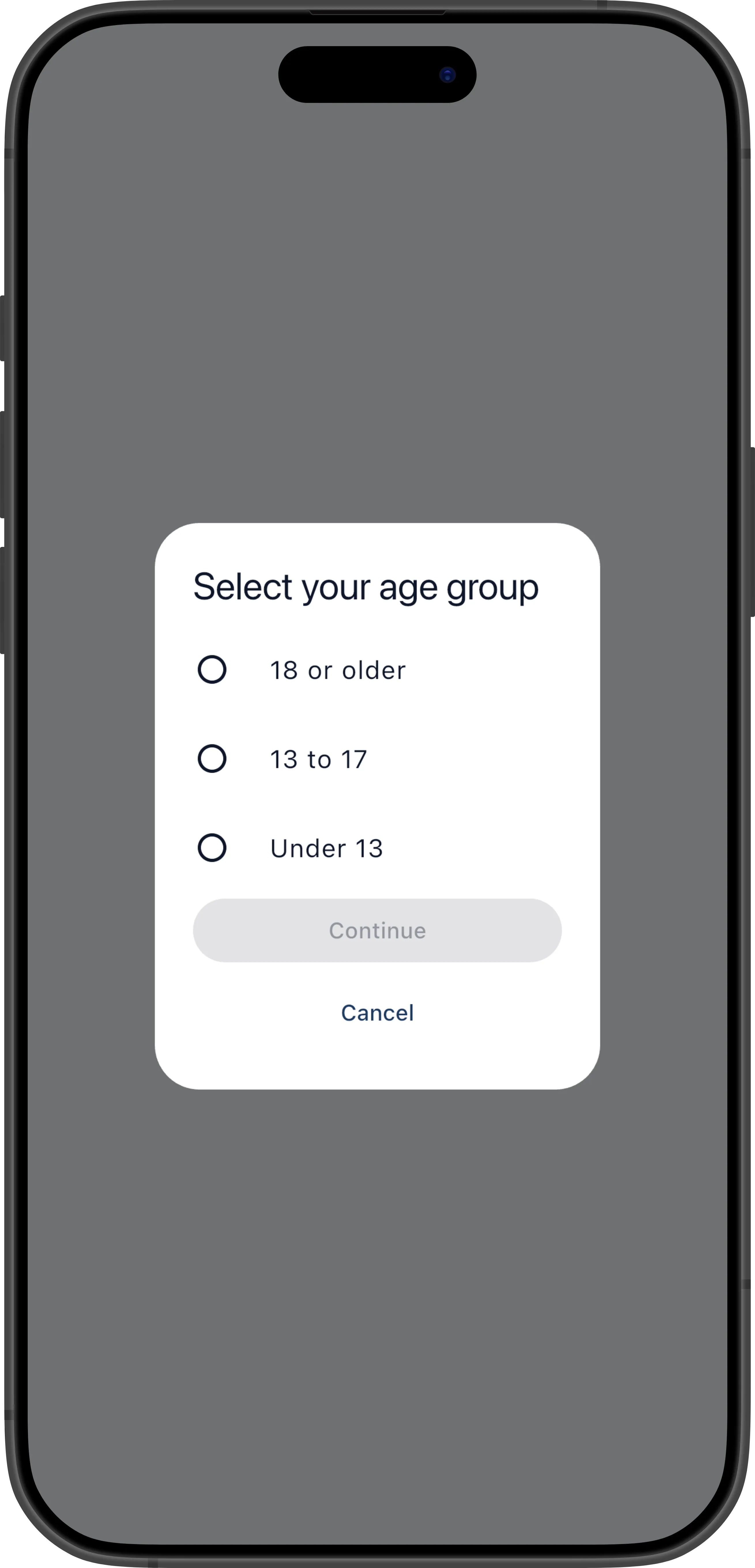 Age verification screen with the manual age group selector open showing Adult, Teen, and Child options