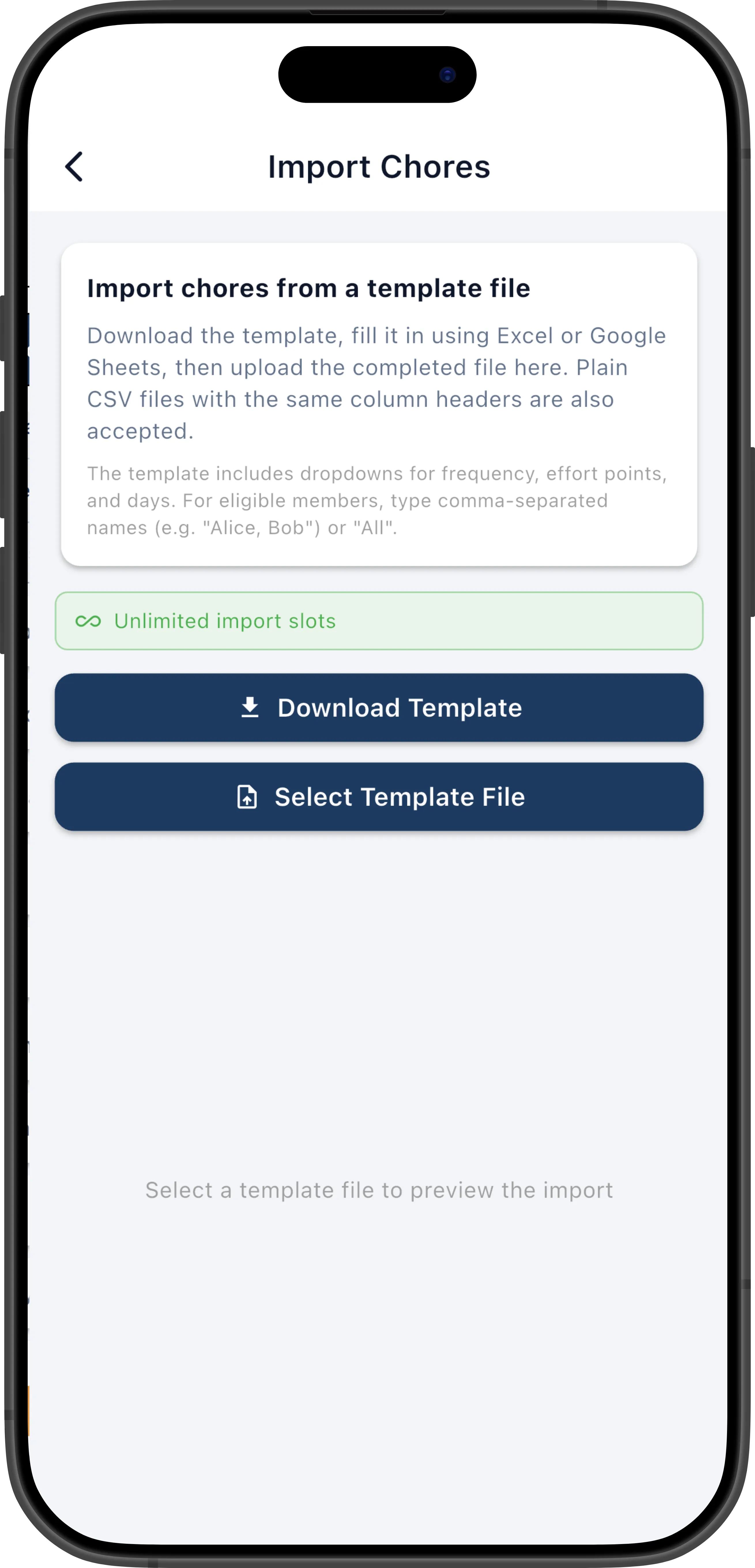Bulk import screen showing download template and file picker options