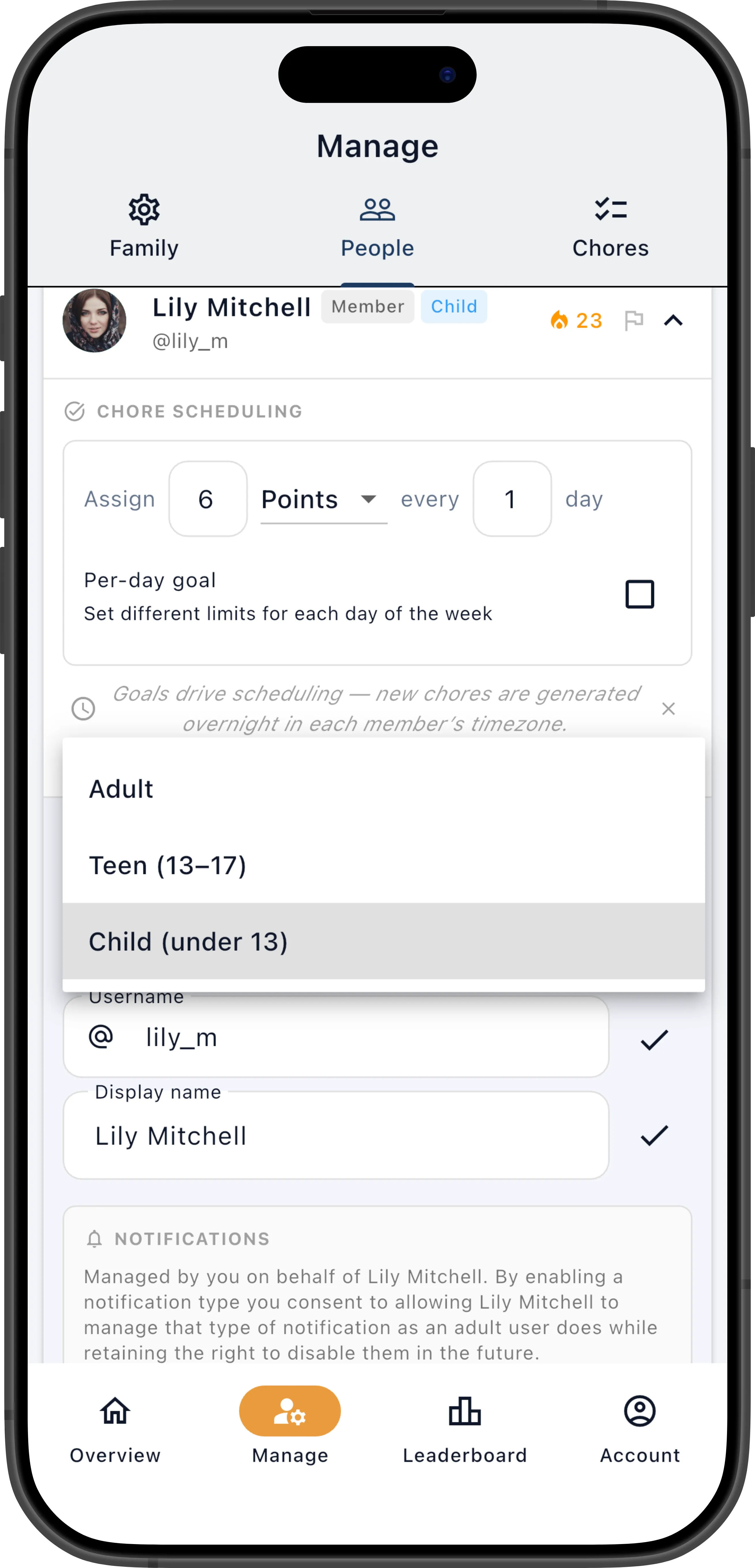 Manager view of a member's row with the 'Change Age Group' option visible