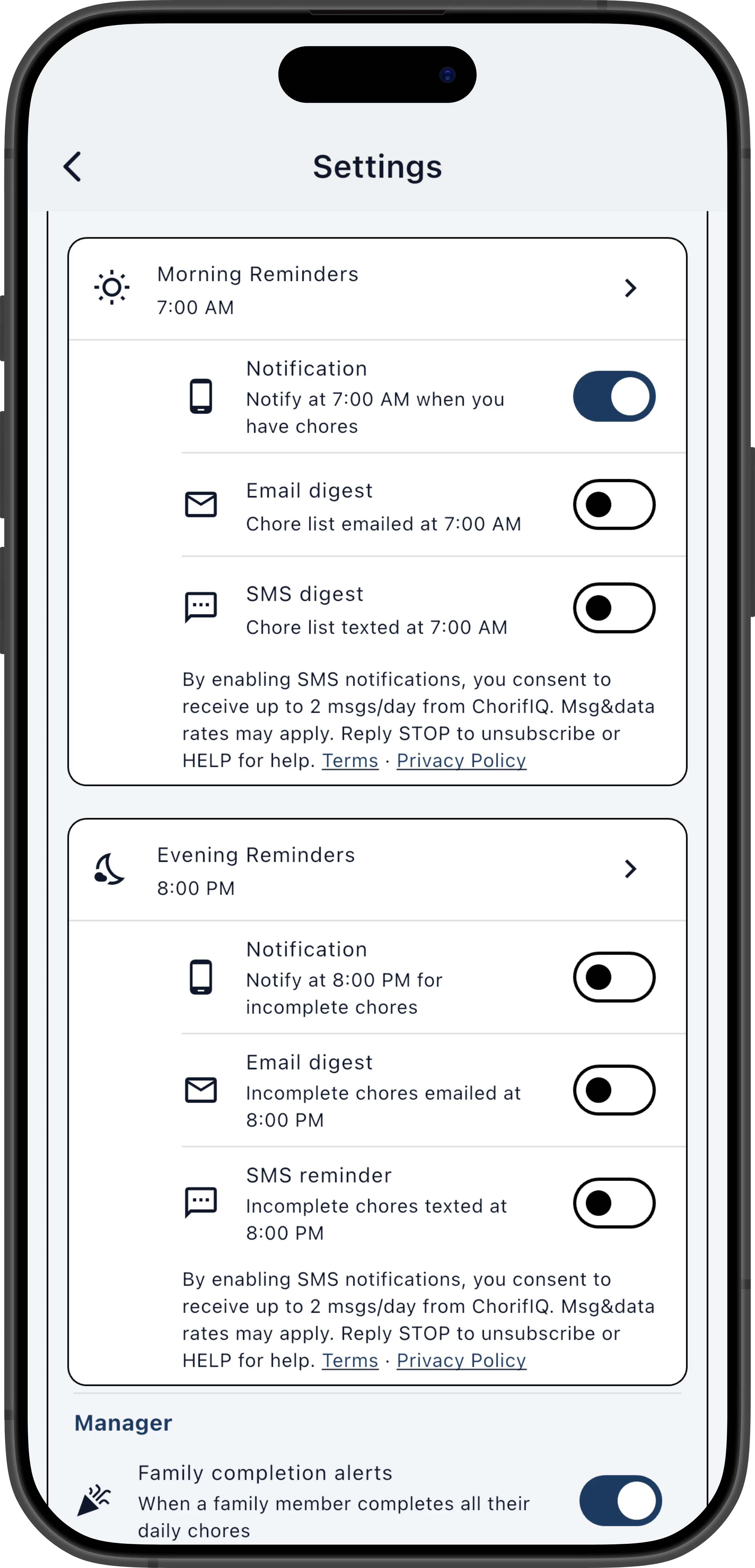 Settings screen showing morning and evening chore digest configuration