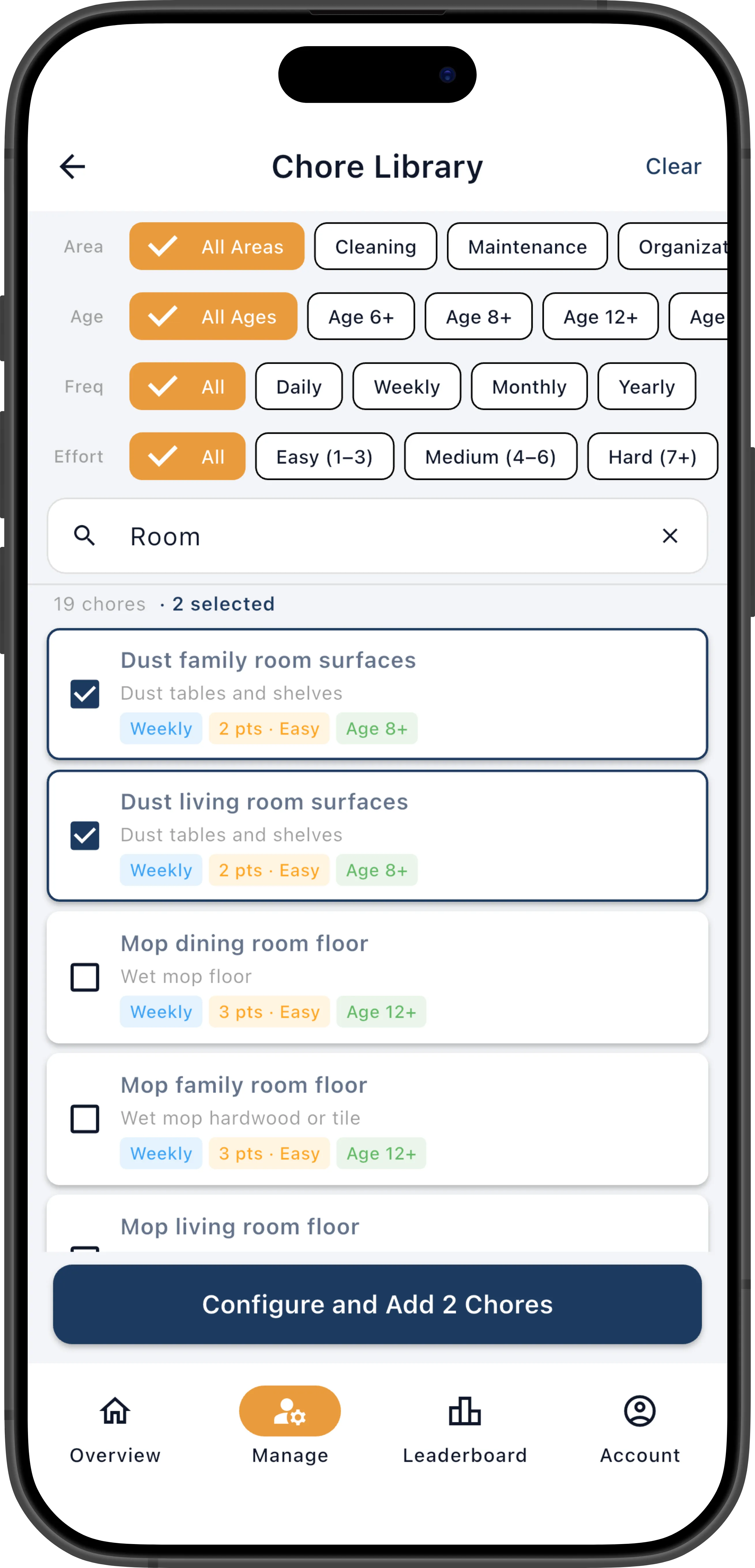 Chore library with several chores selected, showing Add Selected button
