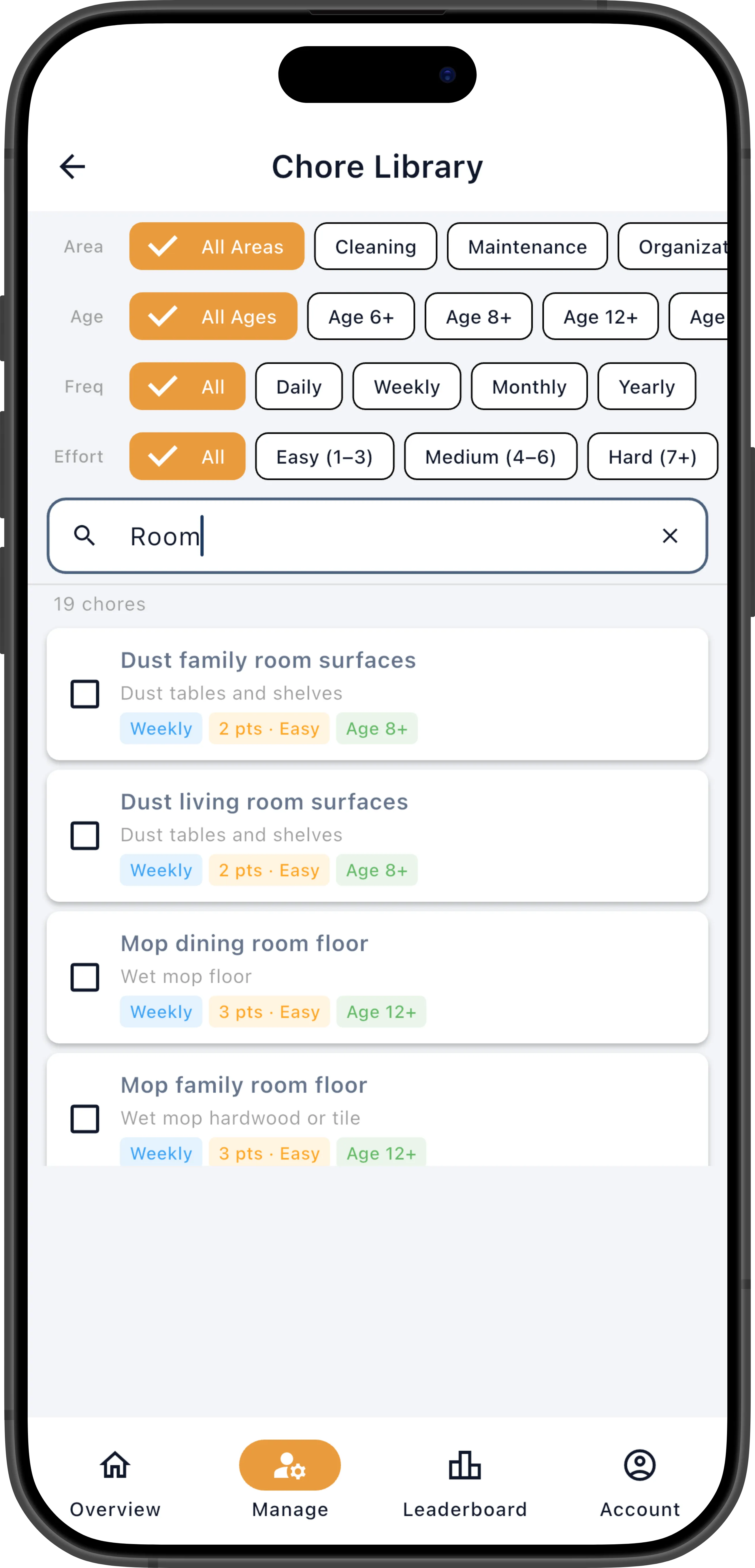 Chore library screen showing chore list with filters for age, frequency, effort, and area