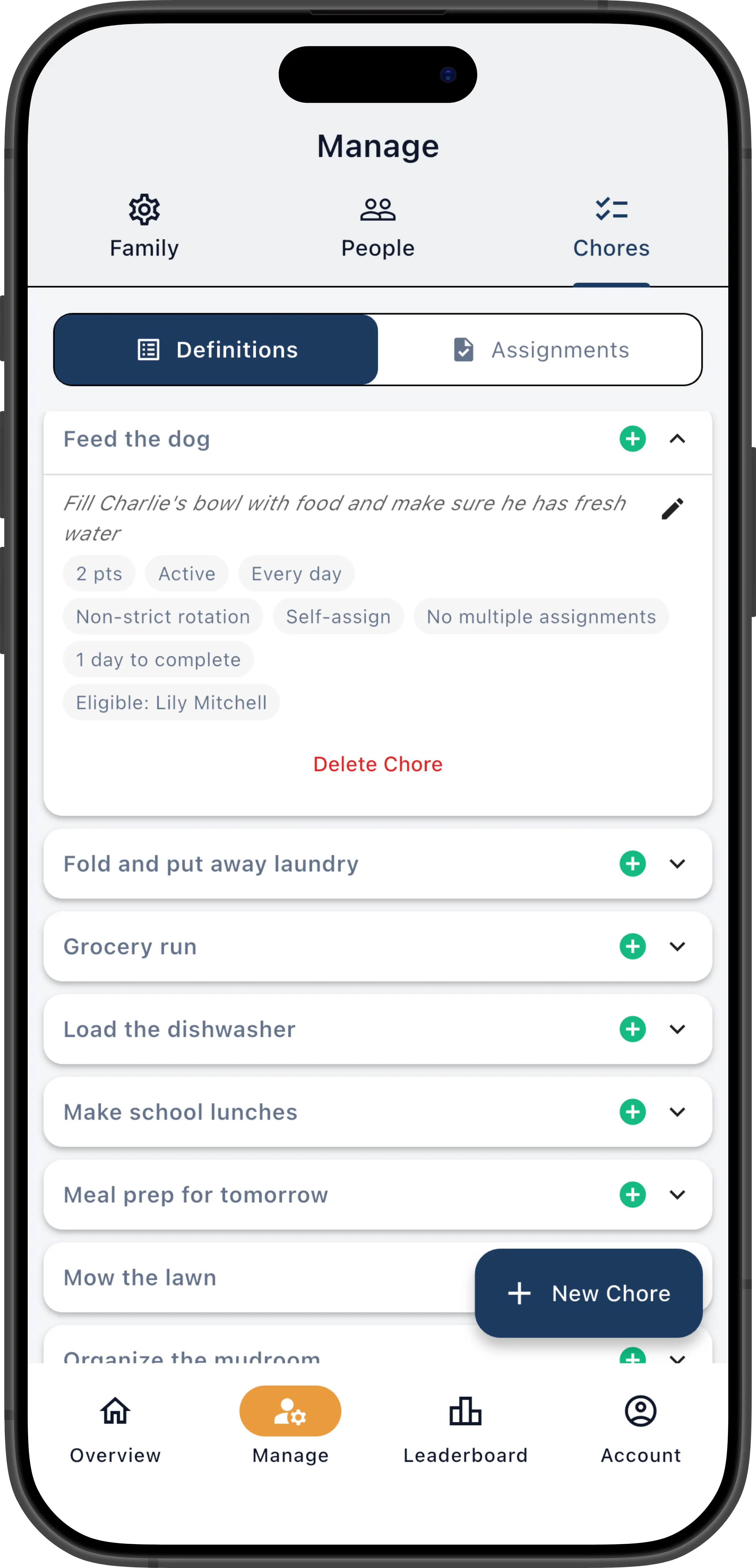 Chore definitions list with the first chore expanded to show its schedule and assignment details