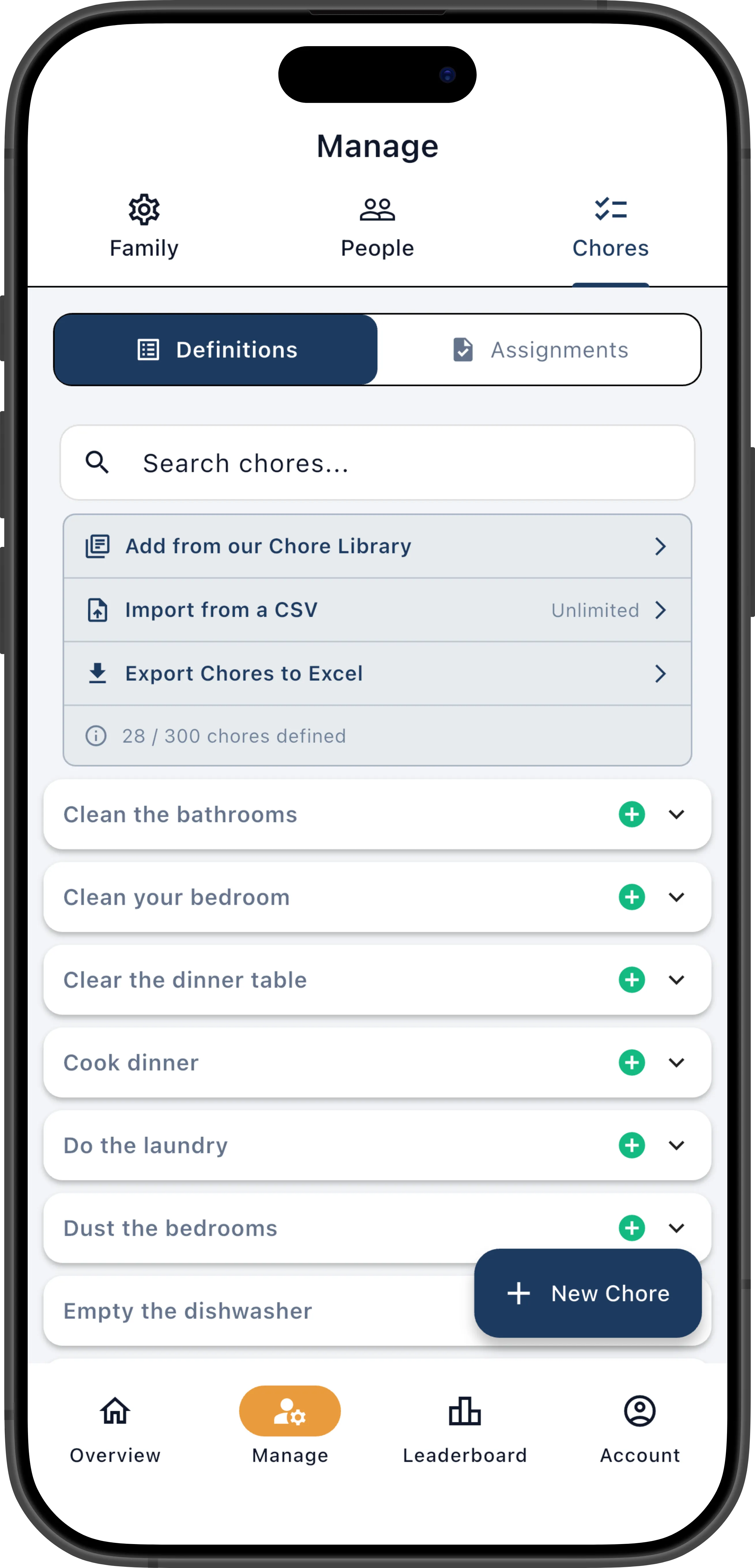 Chore definitions list showing chore names, frequency, and effort points