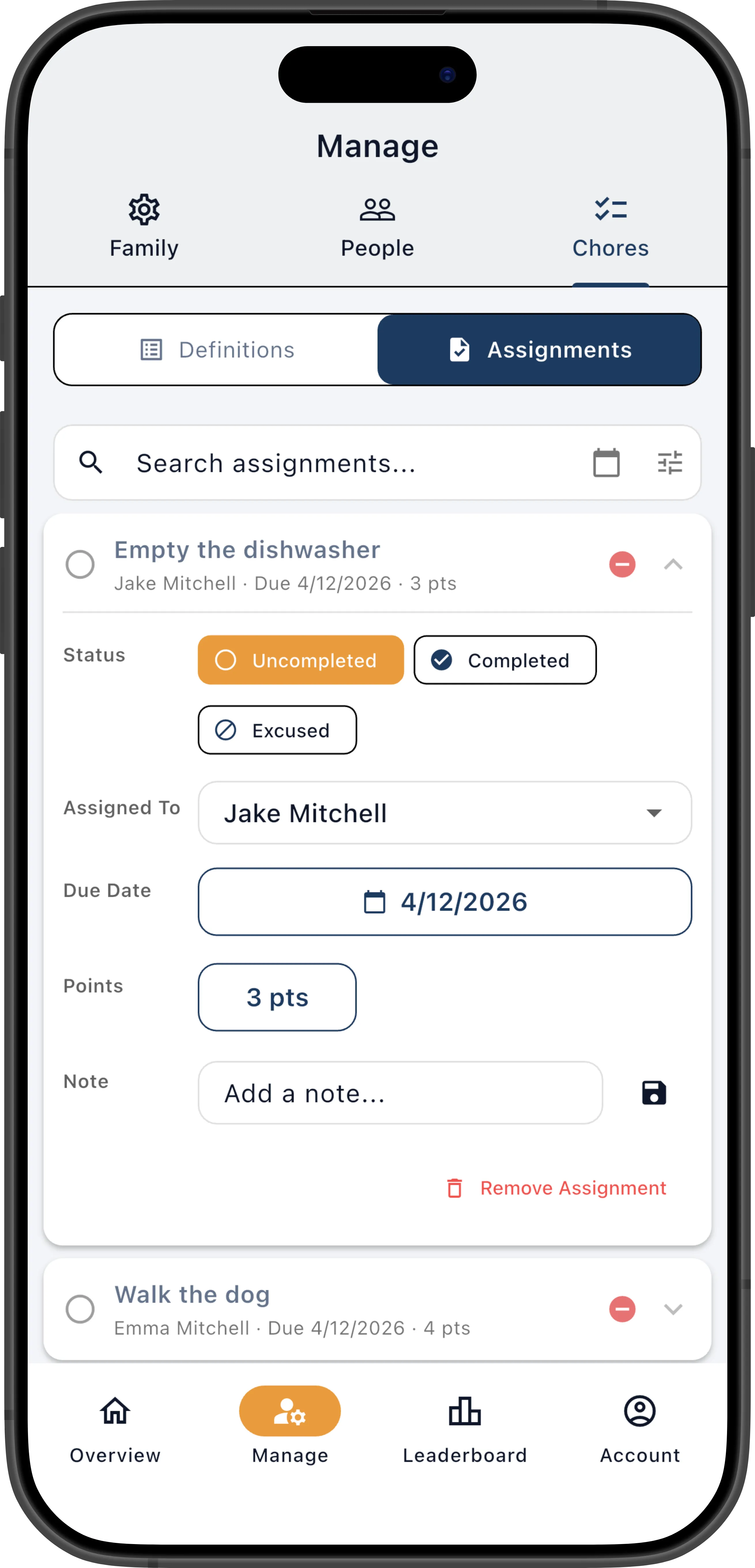 Expanded chore assignment card showing editable fields for status, assignment, due date, points, and notes