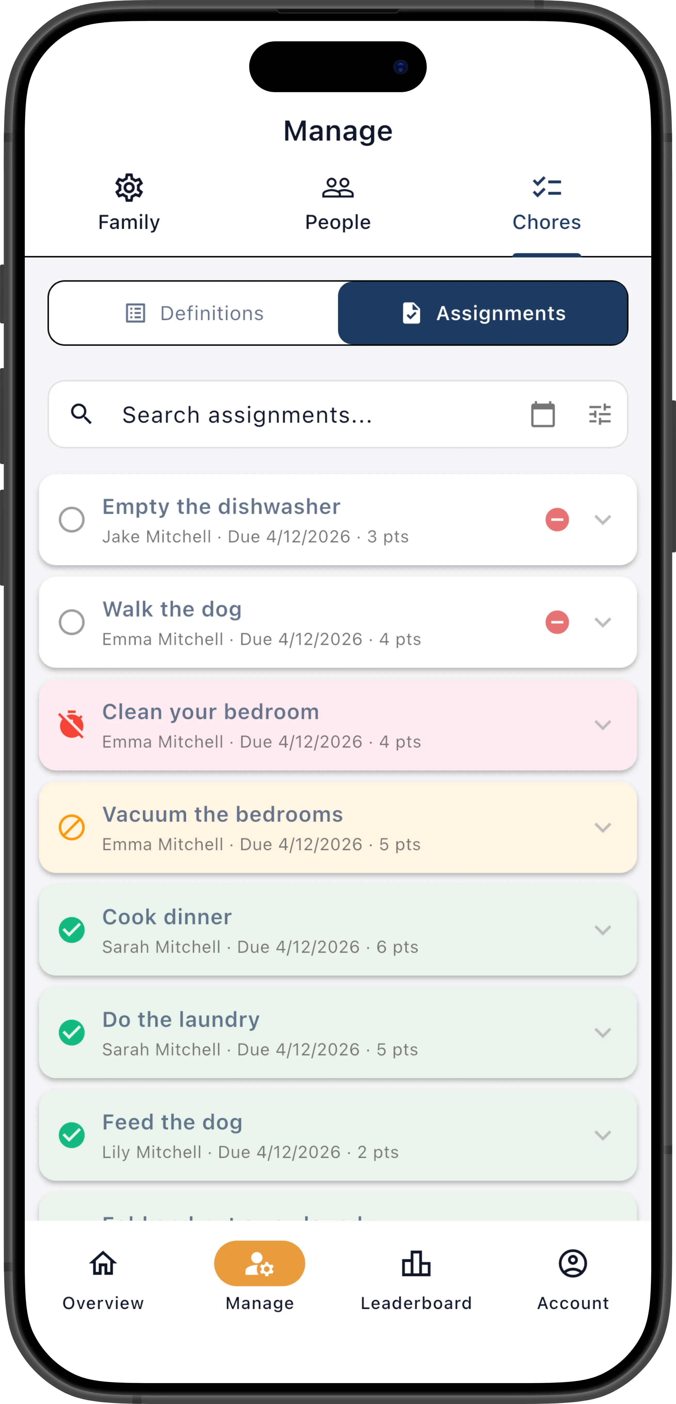 Chore assignments list showing member assignments and due dates