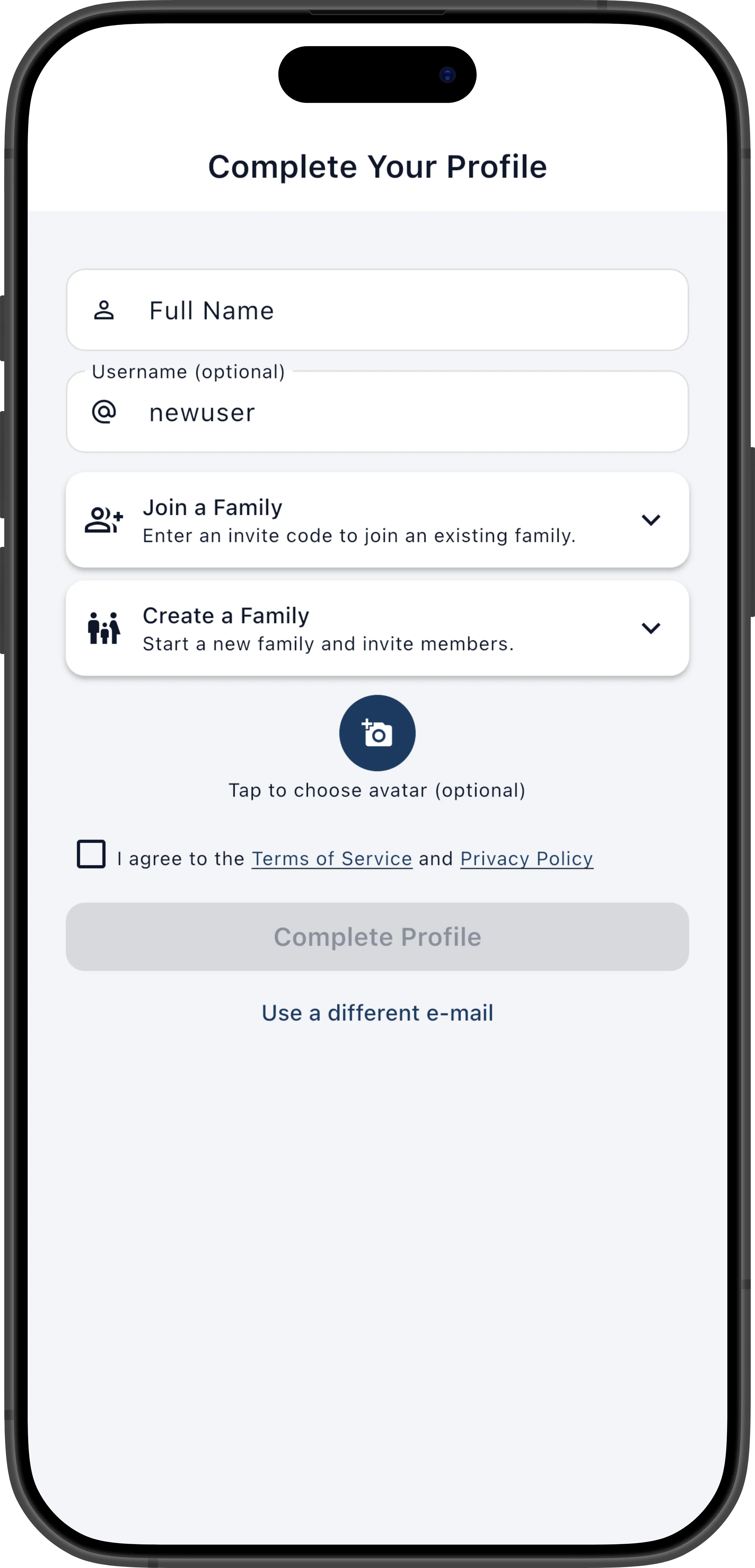 Complete profile screen showing username field and Create Family / Join Family options