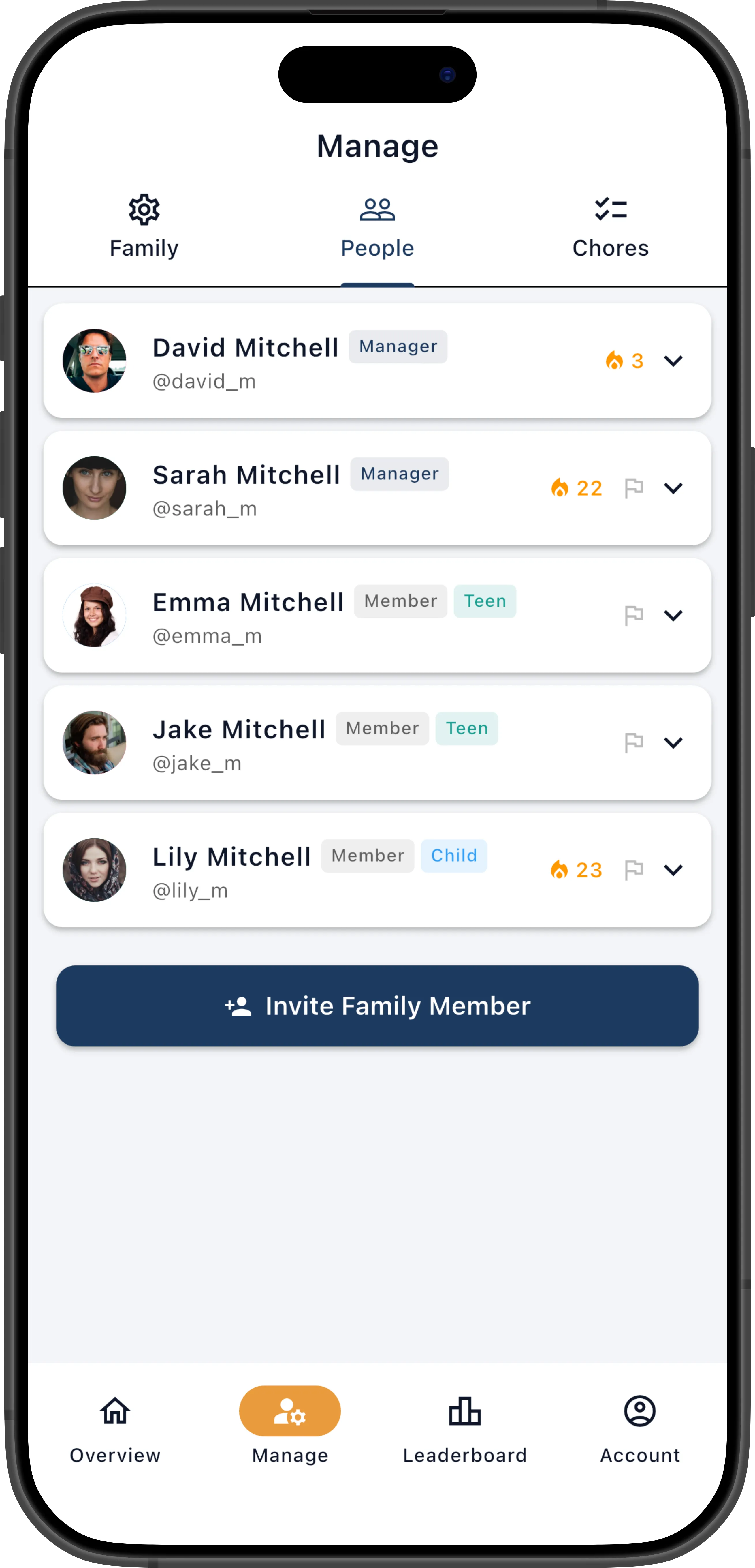 Family people tab showing member list with names, roles, and settings