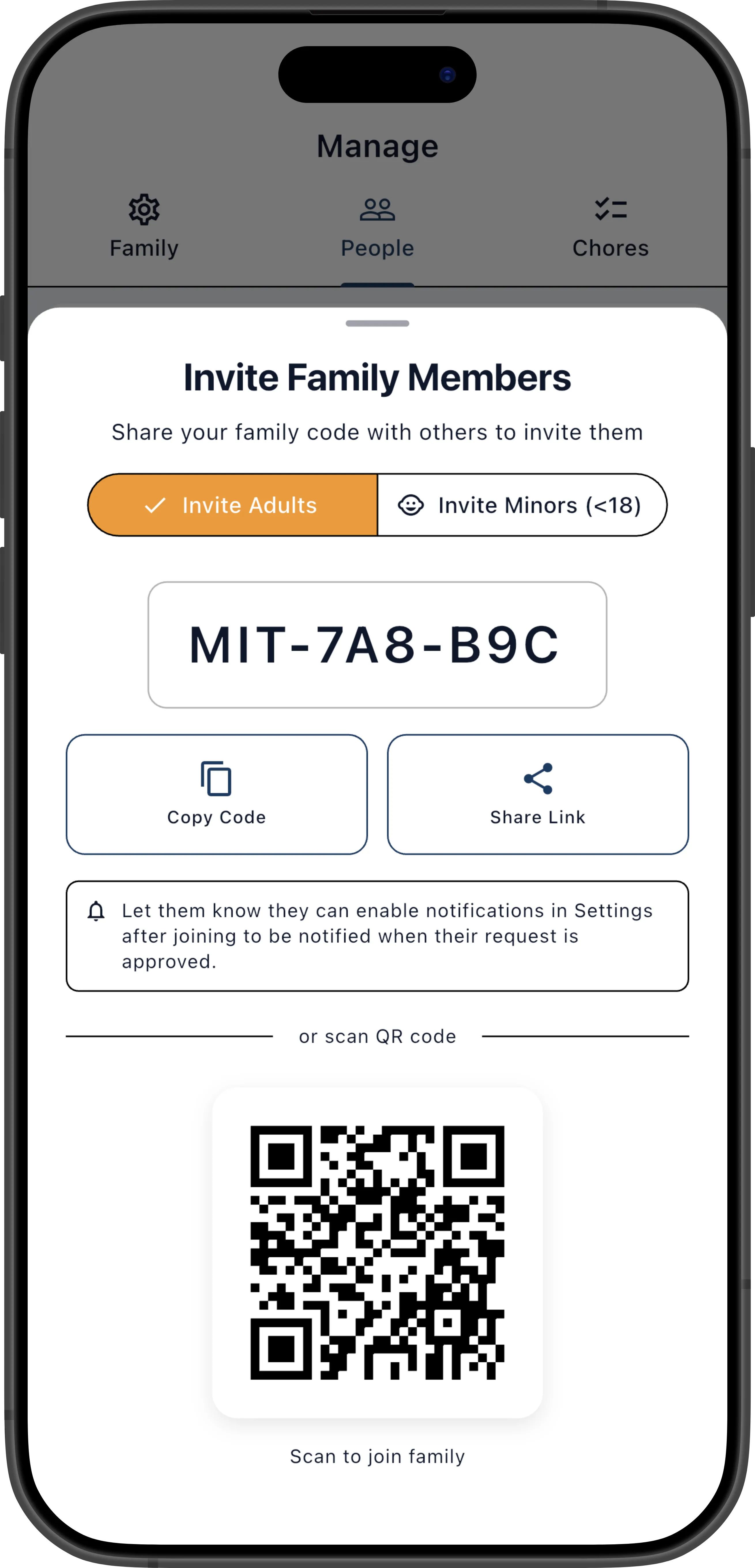 Invite screen showing invite code, QR code, and share buttons