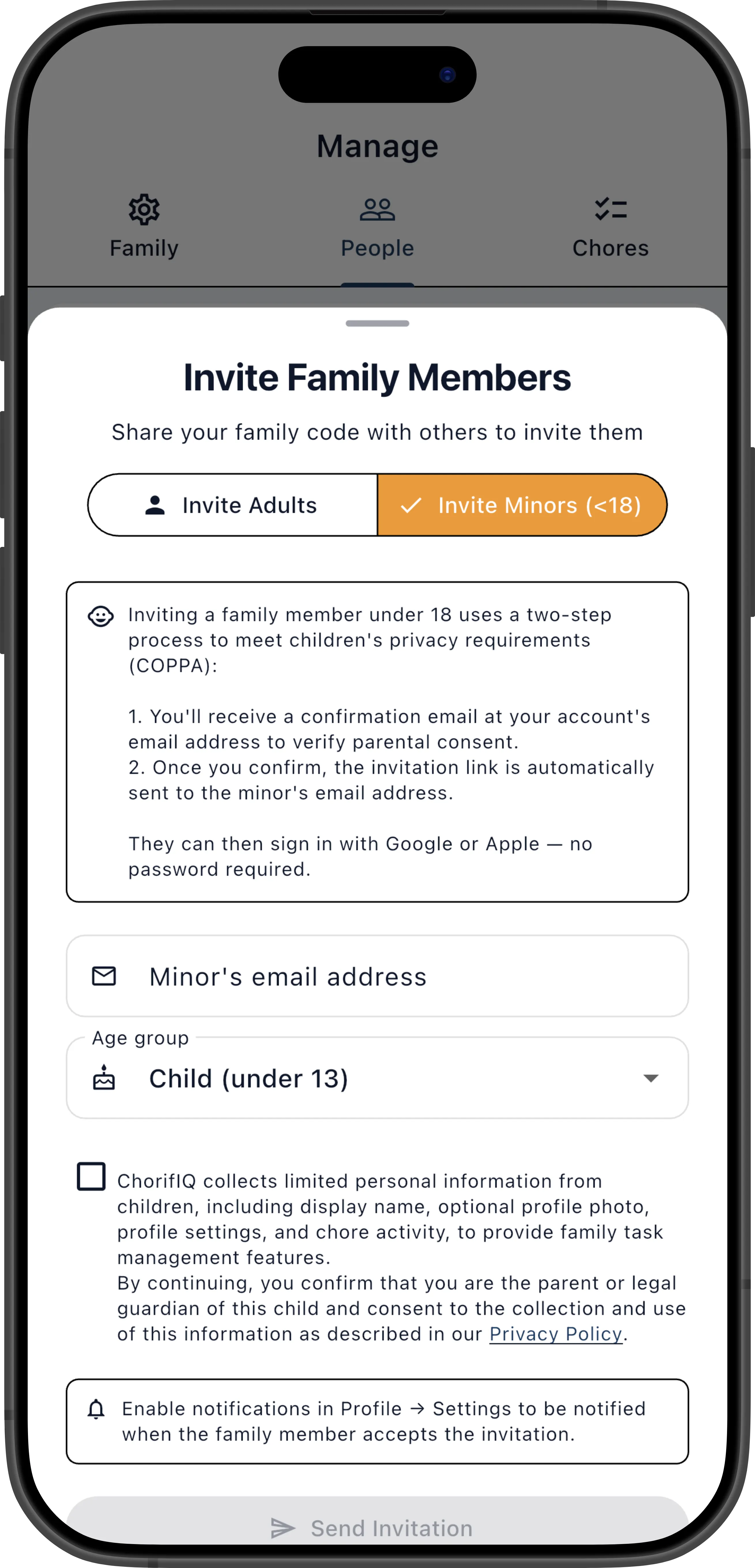 Invite minor tab showing email field, age group dropdown, and consent checkbox