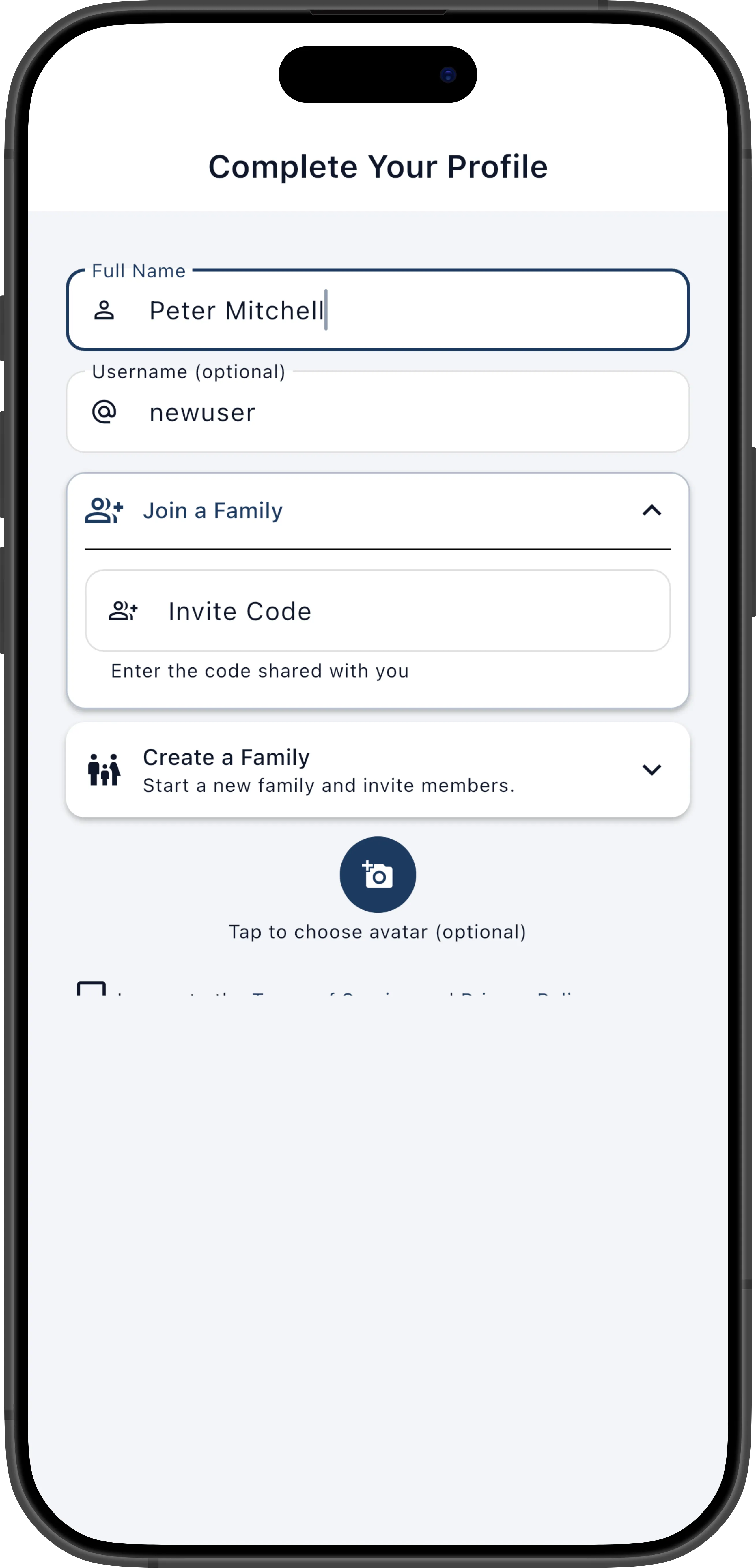 Join family screen showing invite code entry field