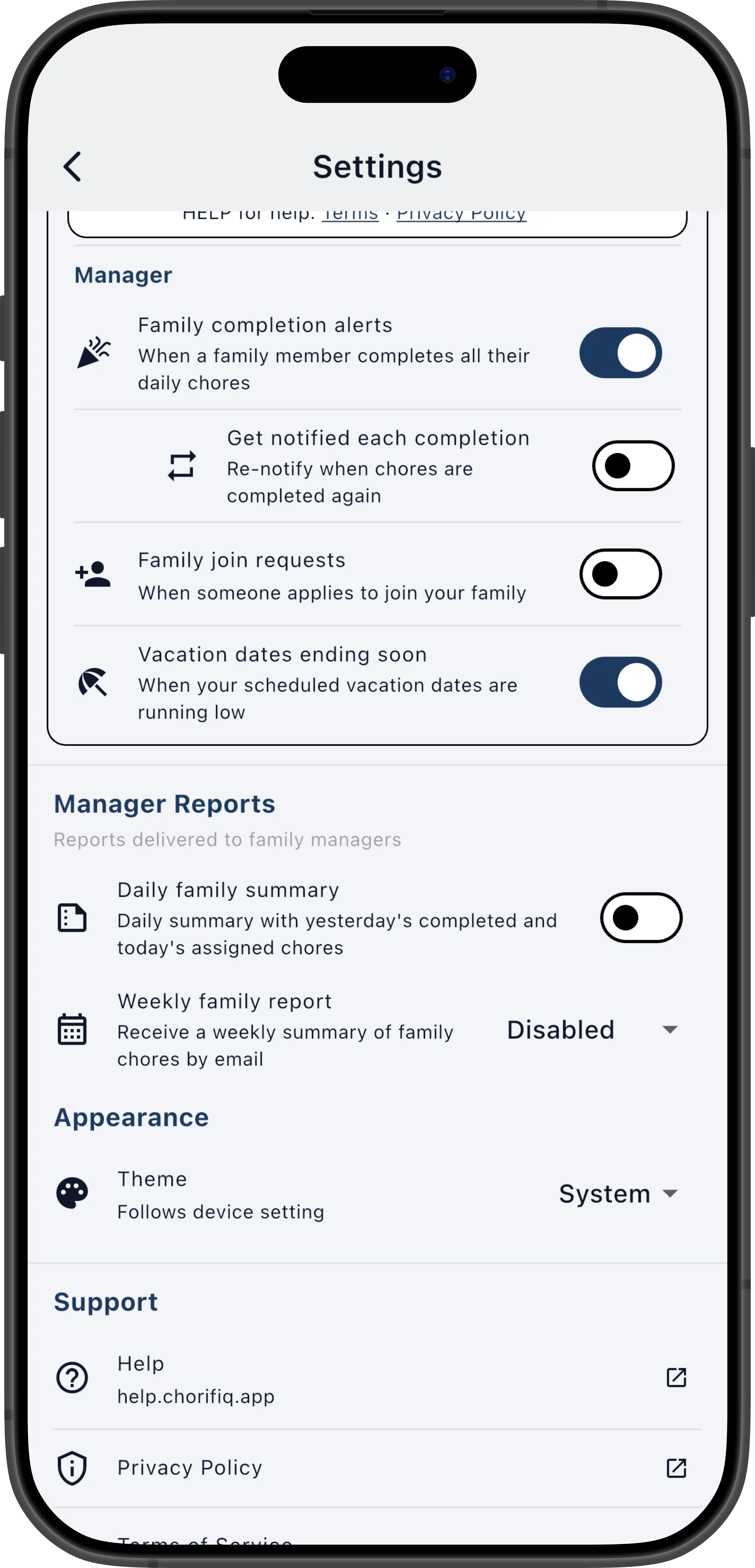 Manager sections of the Account Settings screen showing manager notification toggles and manager report settings
