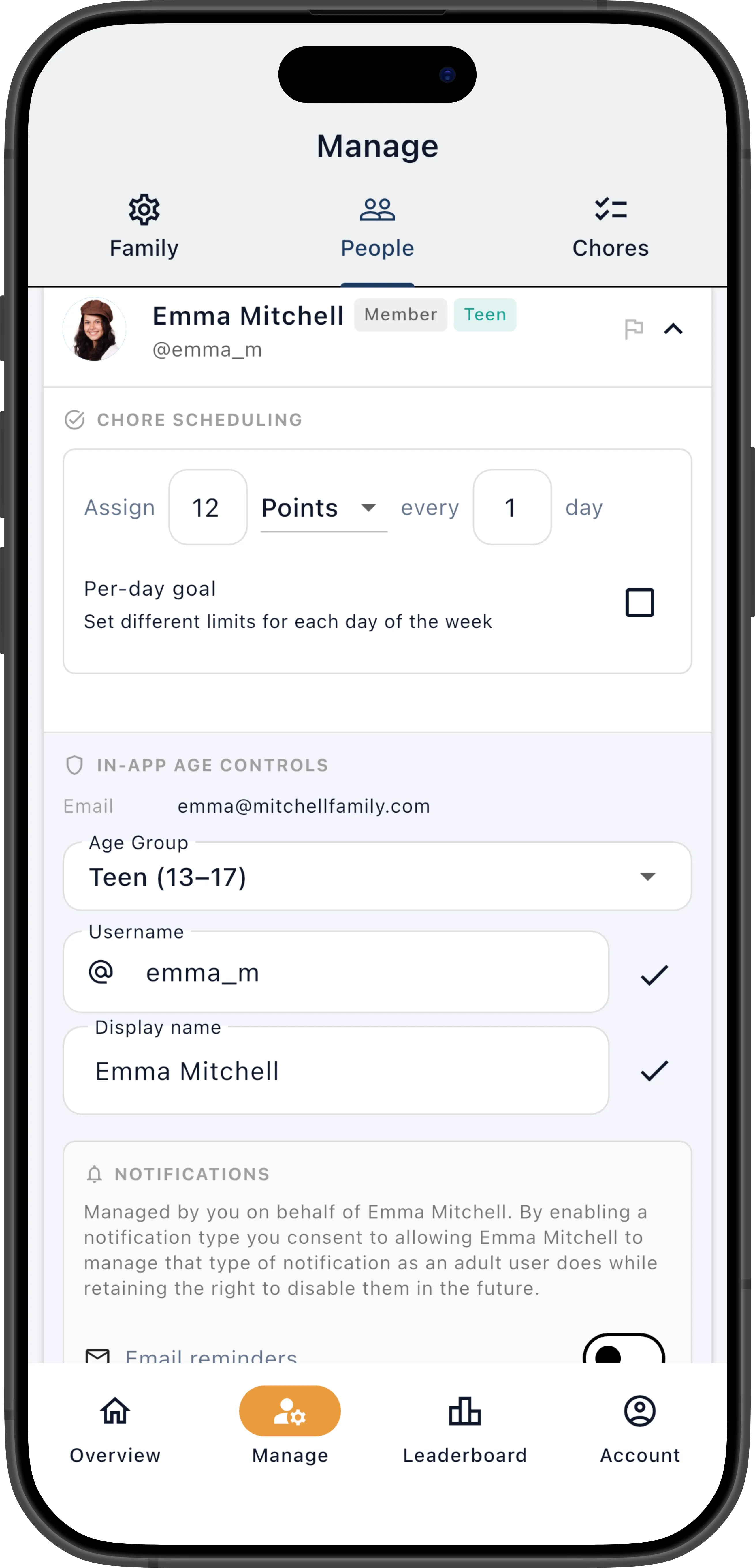 Member goal settings showing goal type dropdown, value field, and interval