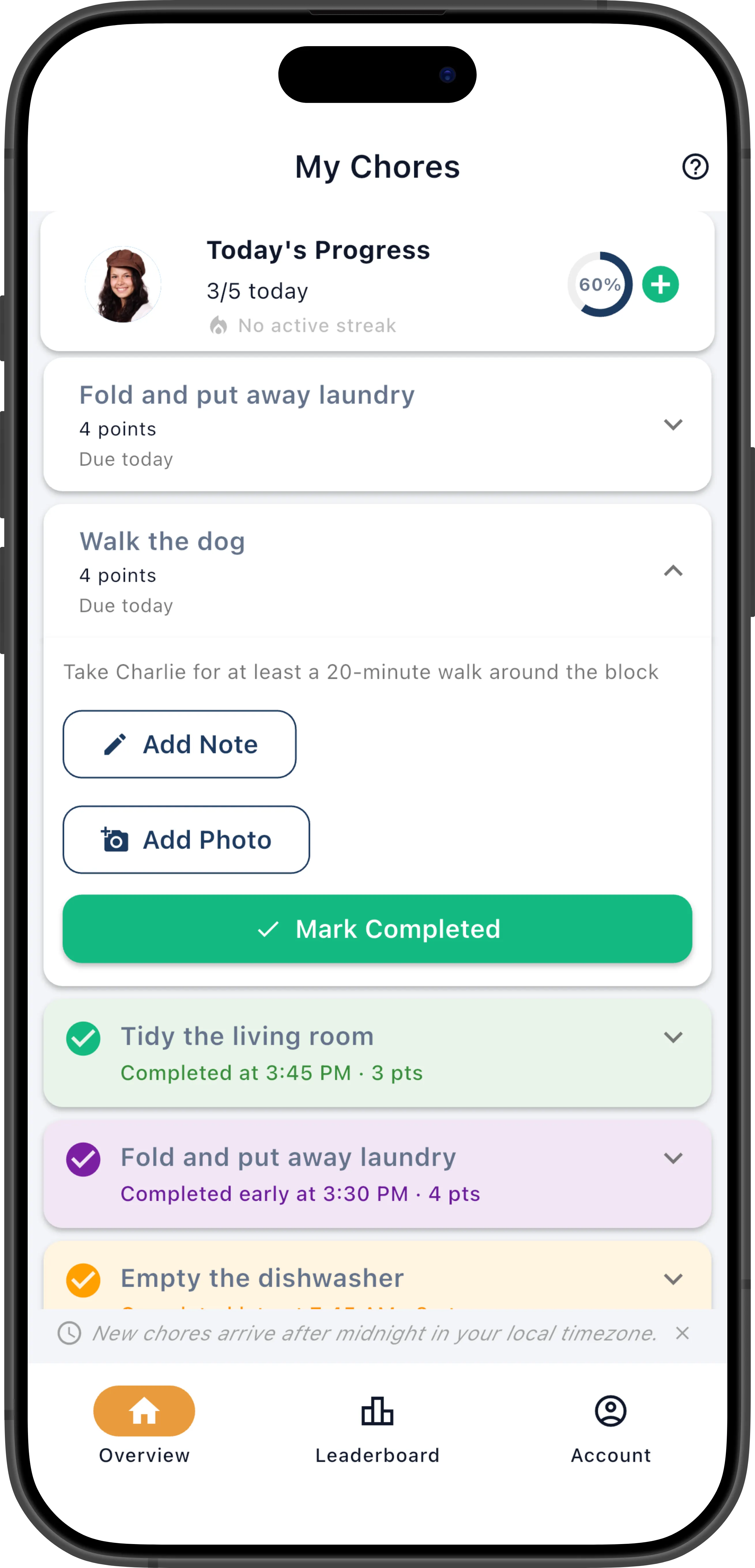 Member dashboard showing today's assigned chores list