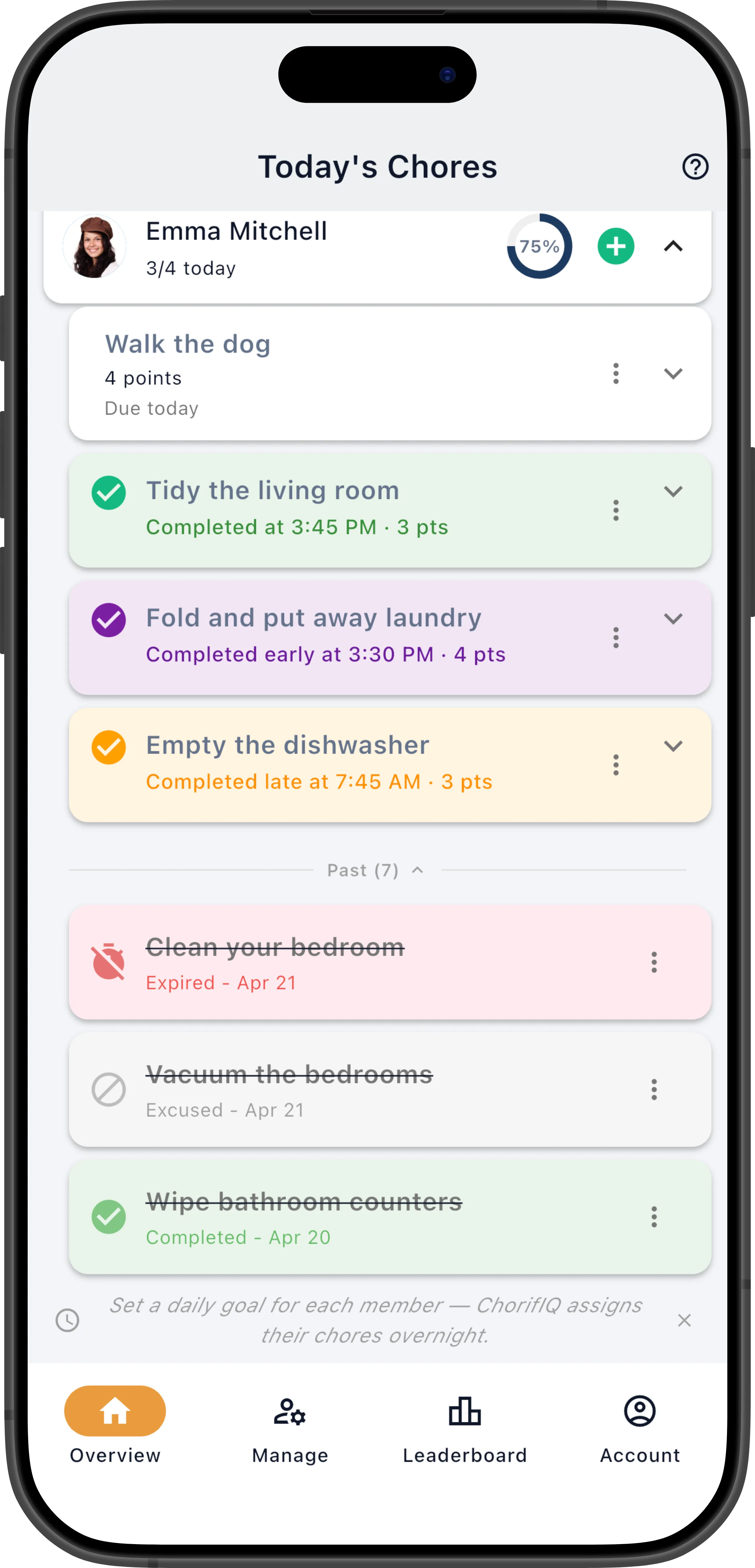 Manager dashboard with the Past section expanded