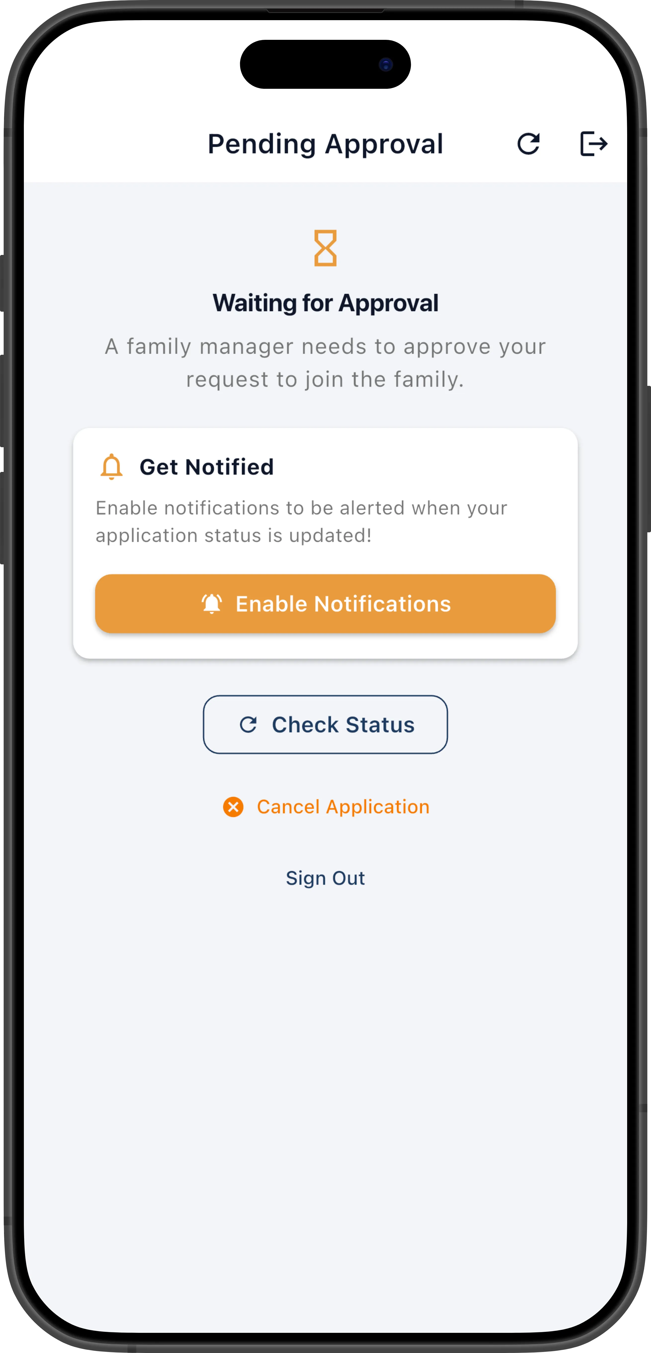 Pending approval screen showing waiting message and notification toggle