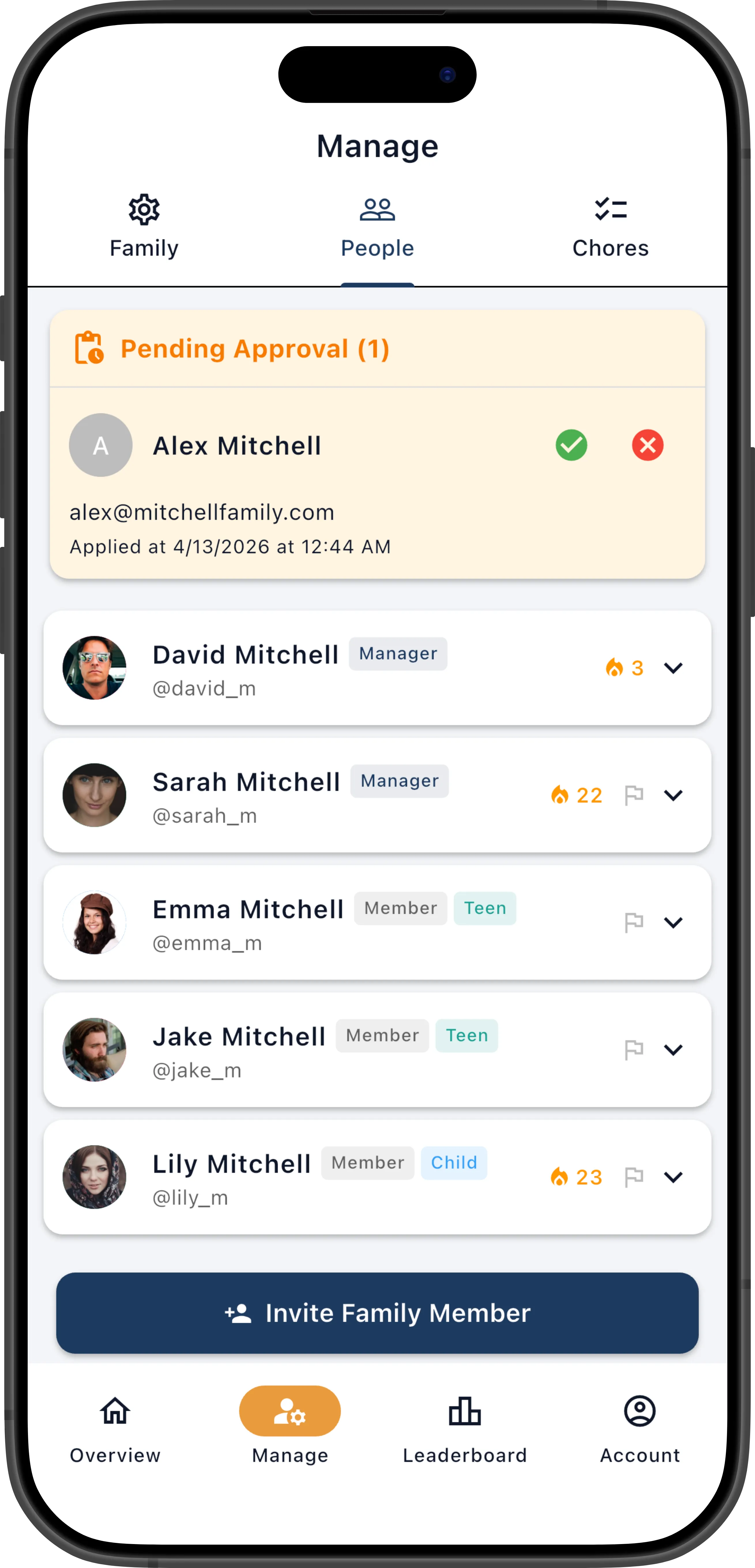 People tab showing pending member with Approve and Reject buttons