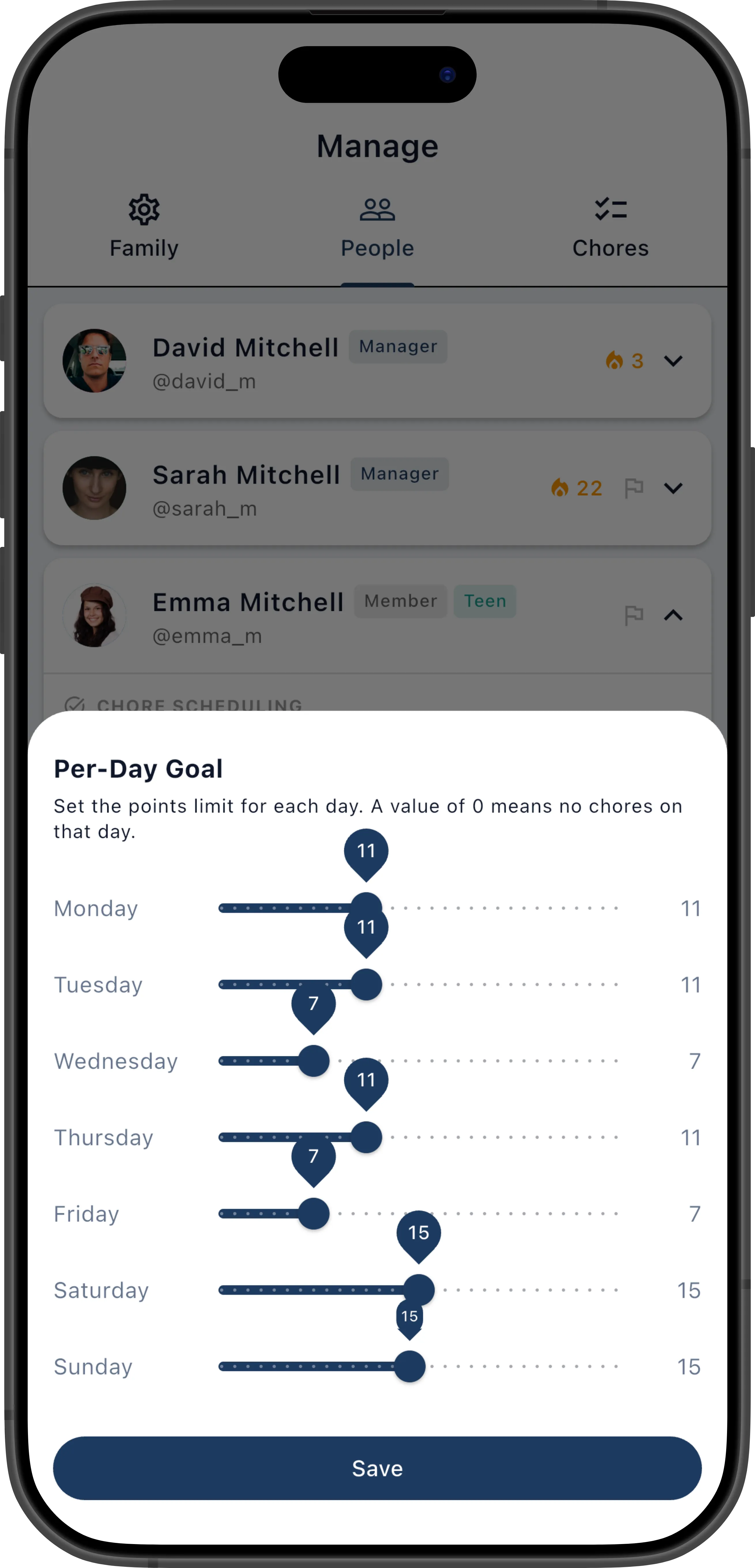 Per-day goal bottom sheet with sliders for each day of the week