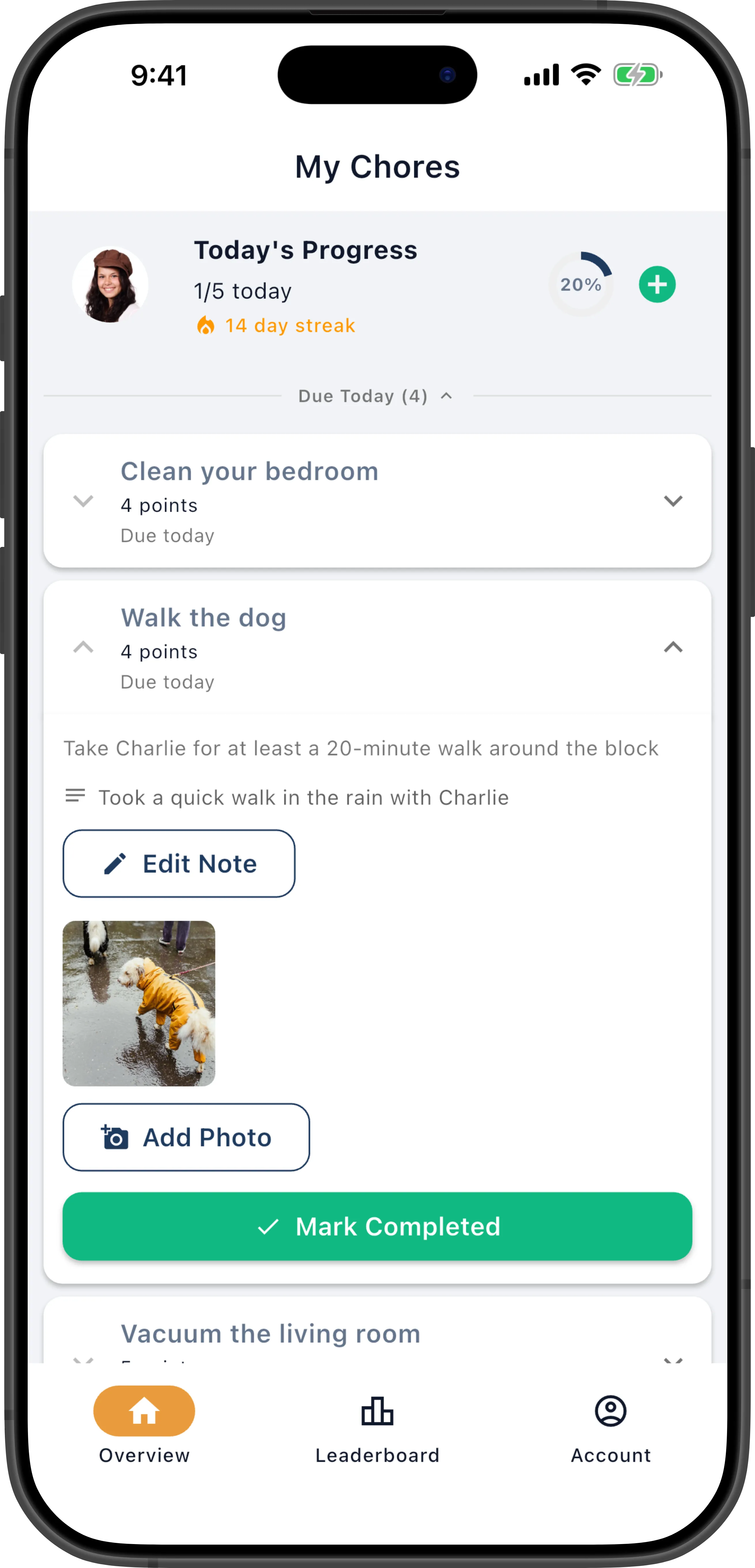 Photo proof screen showing camera/gallery options and submit button