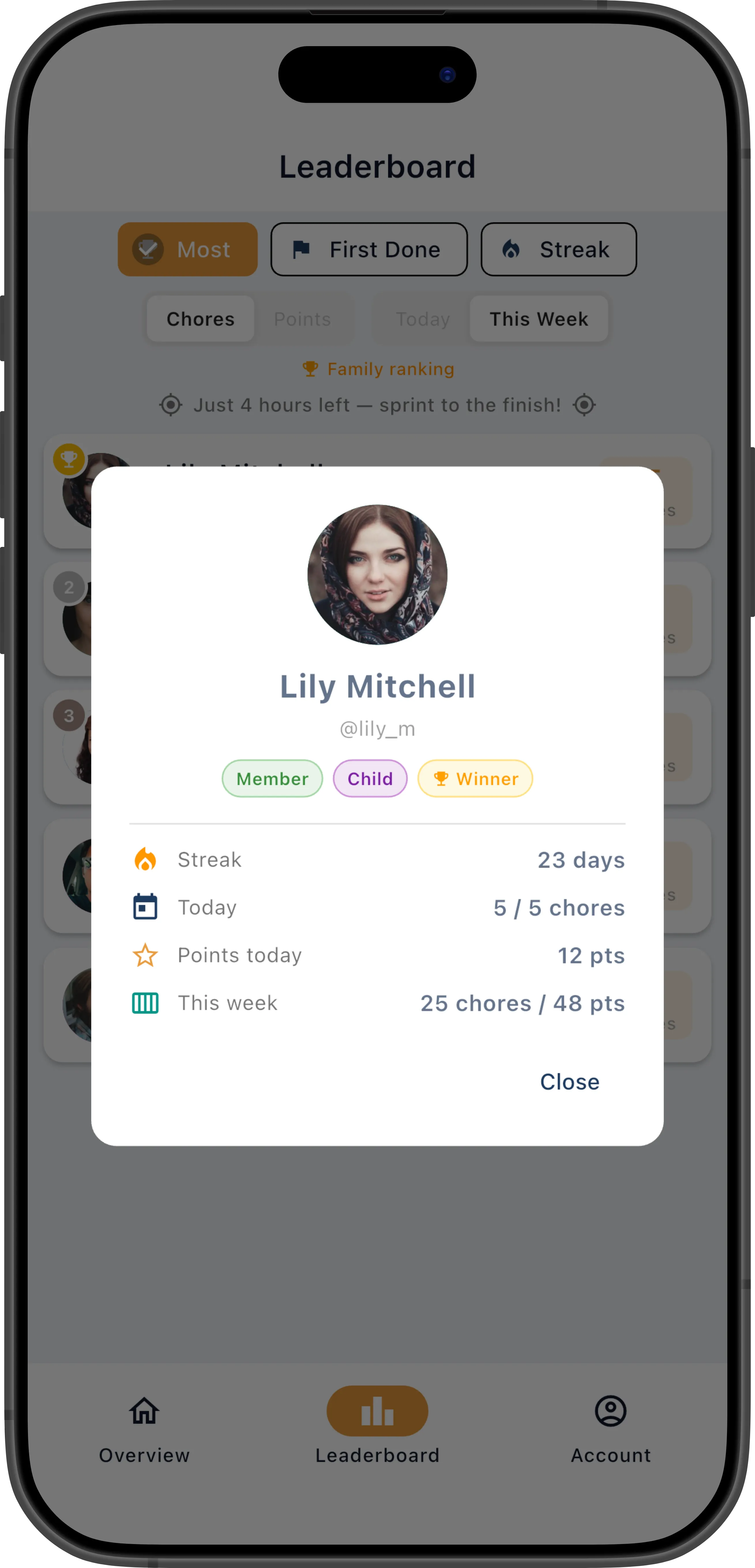 Profile dialog showing member stats and goal progress