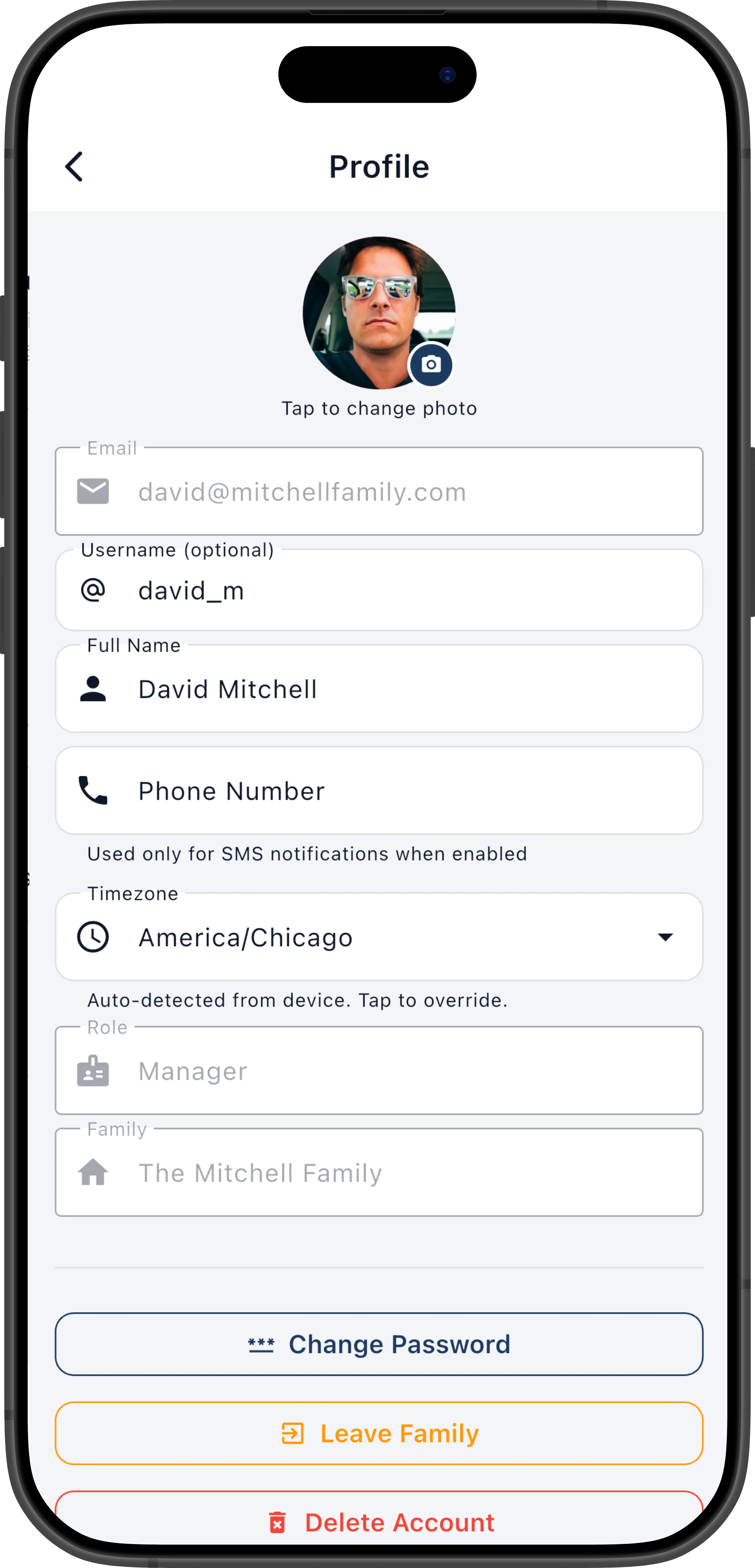 Profile screen showing avatar, display name, username, and phone fields