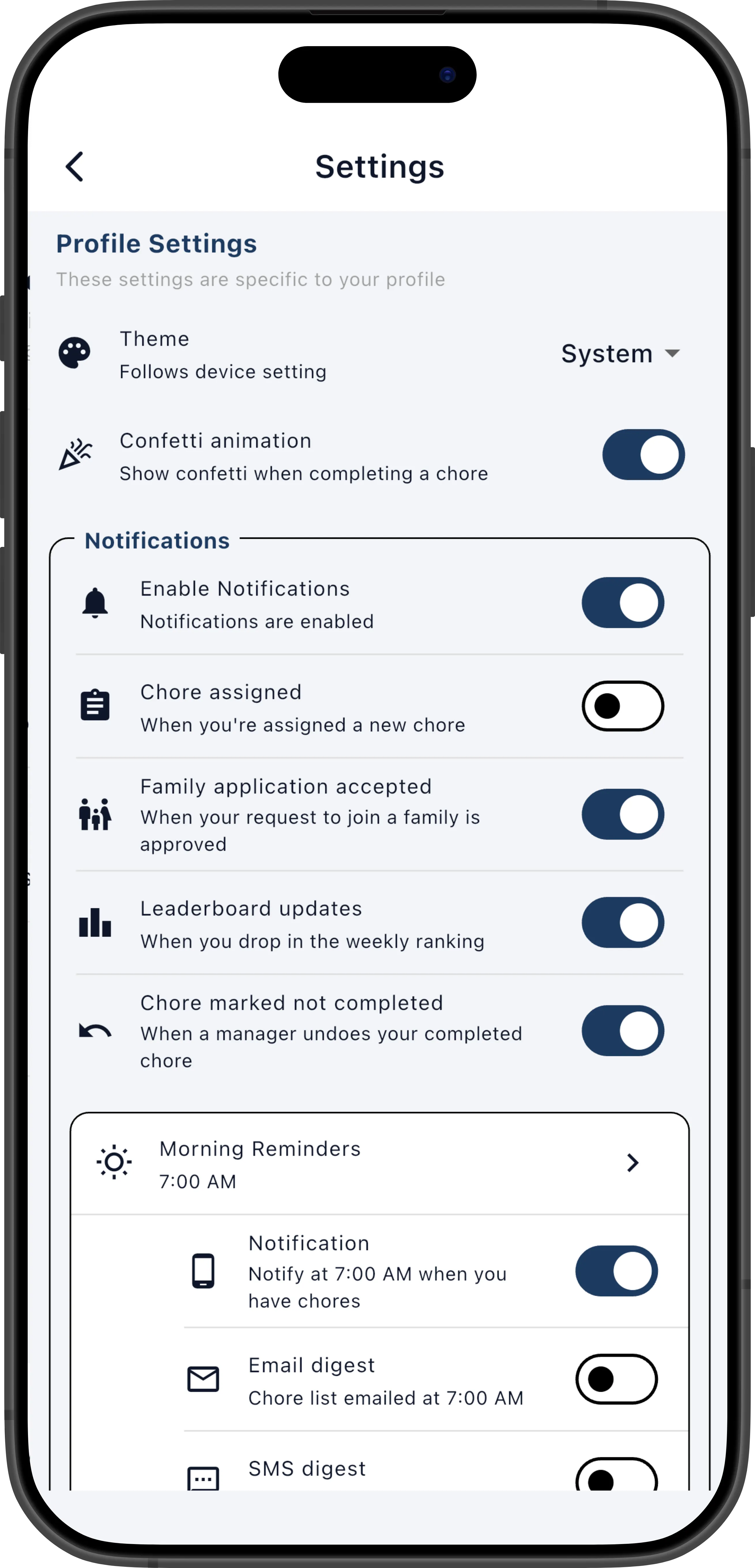 Settings screen showing notification toggles and options