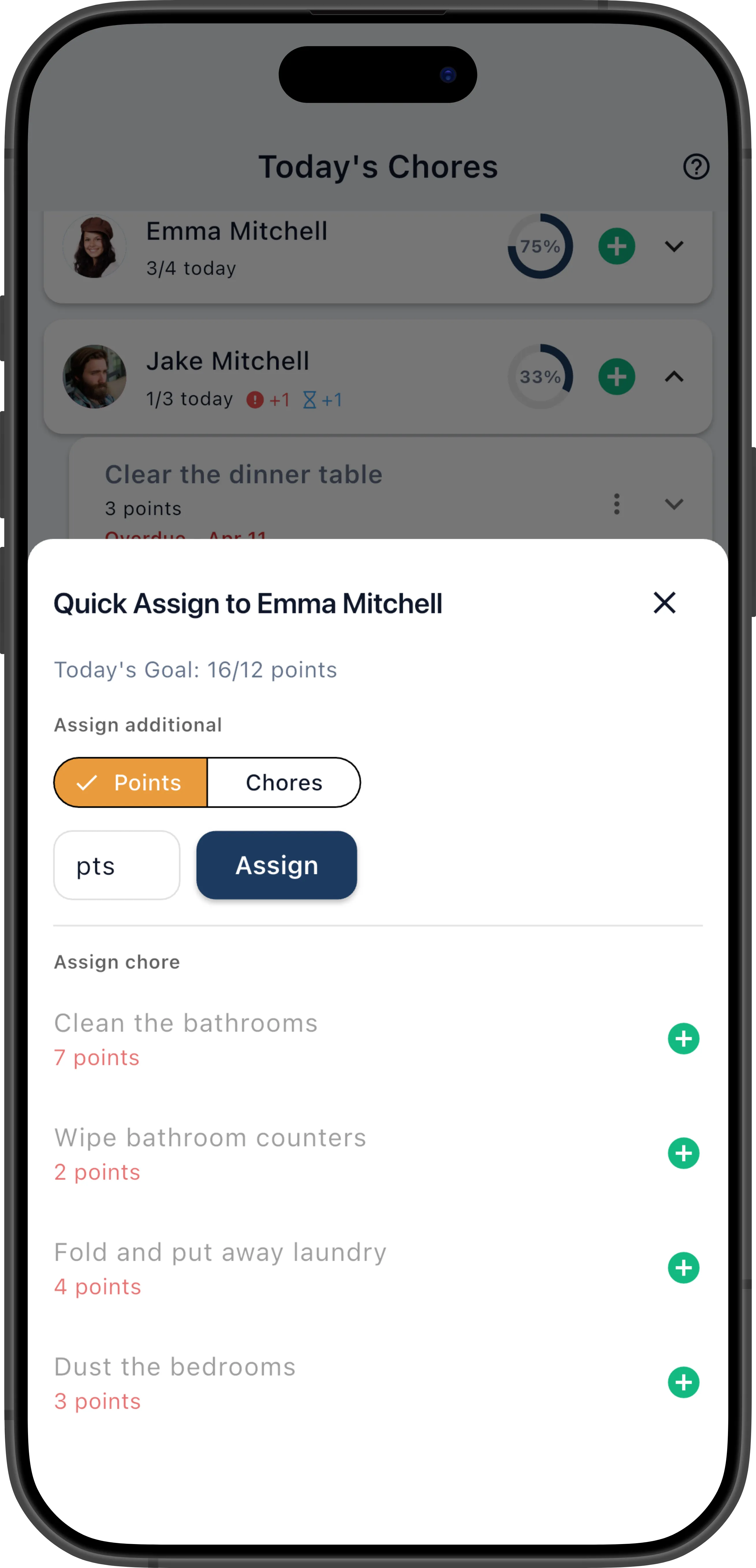 Quick Assign bottom sheet showing goal progress and available chores
