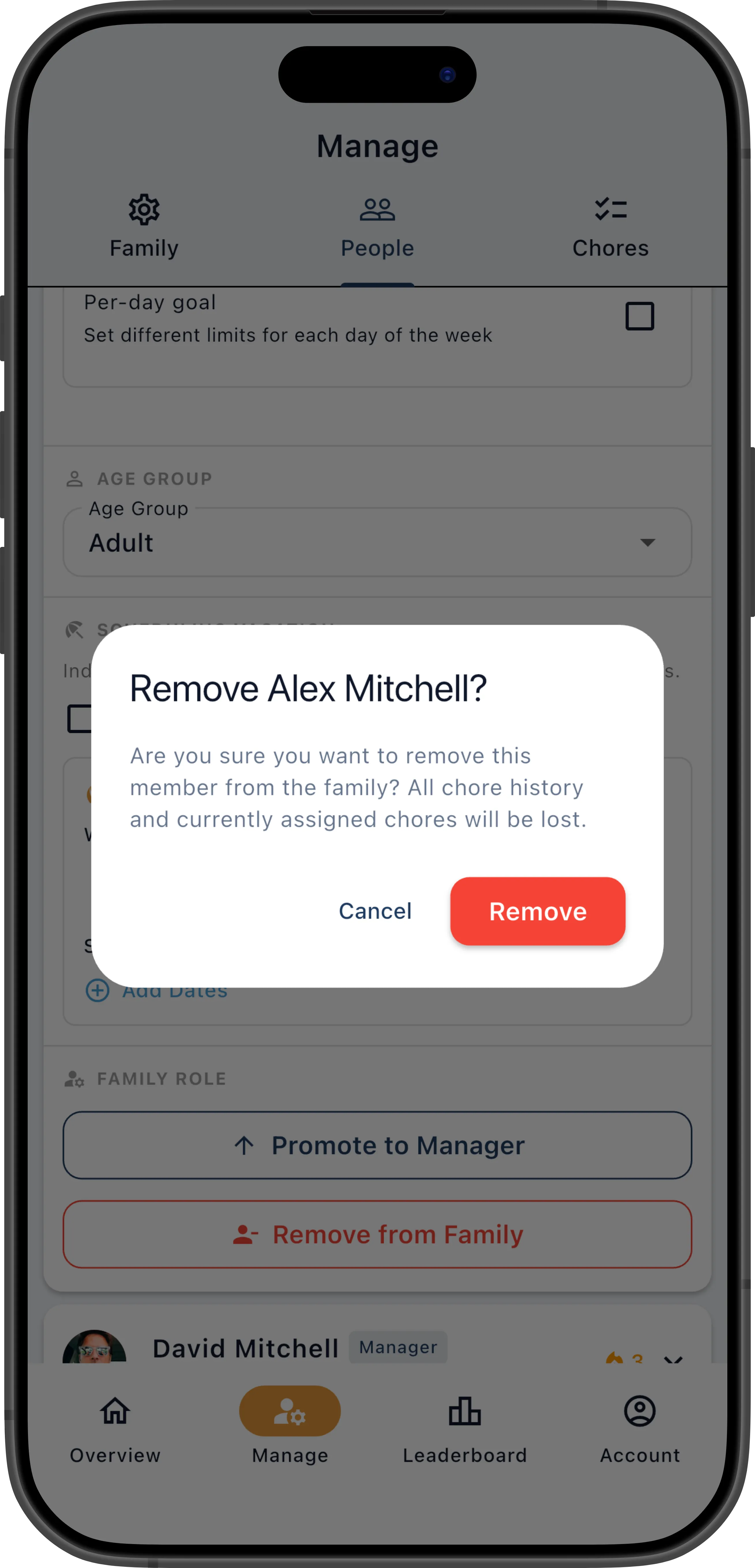 Confirmation dialog asking whether to remove the member from the family