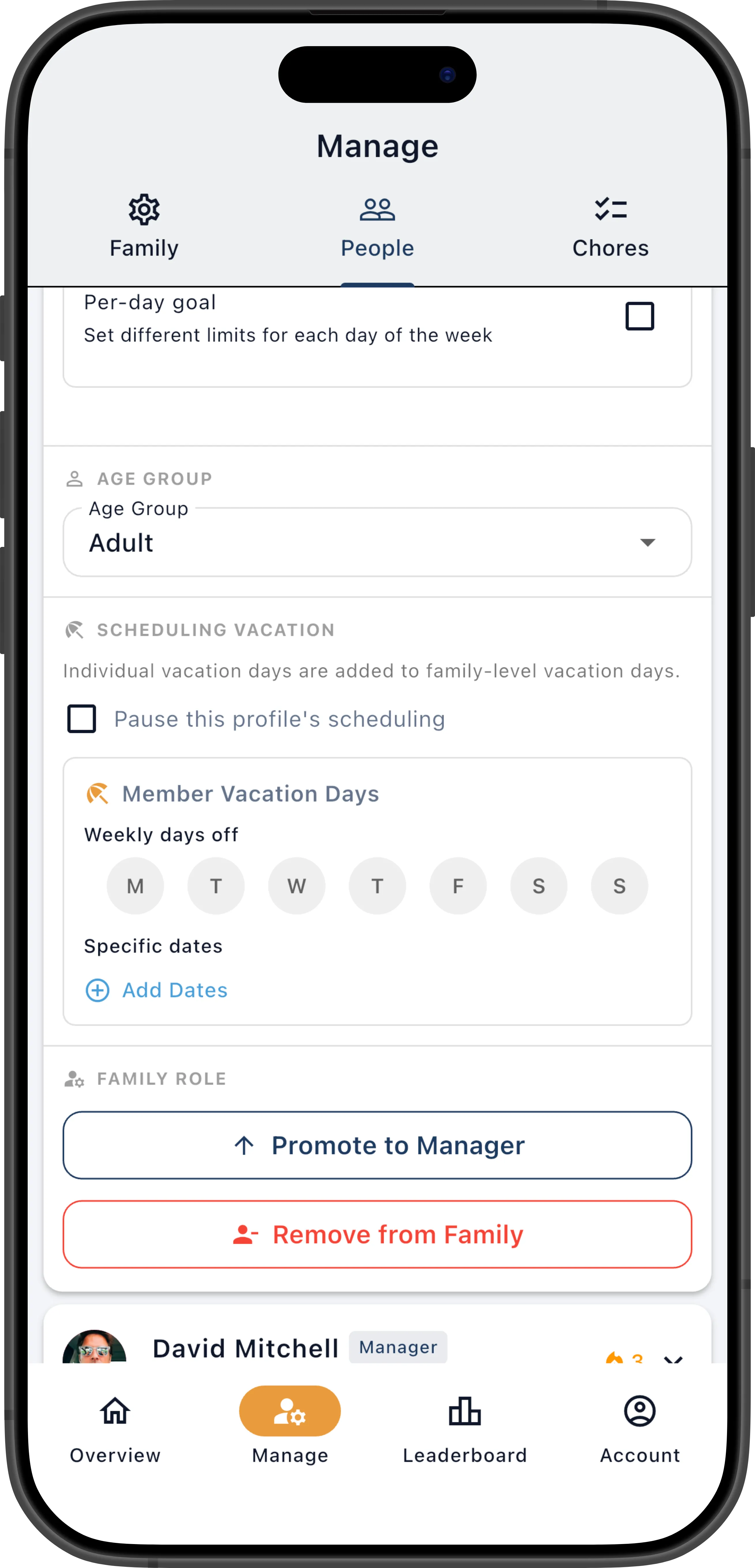 Expanded member card scrolled to show the Remove from Family button