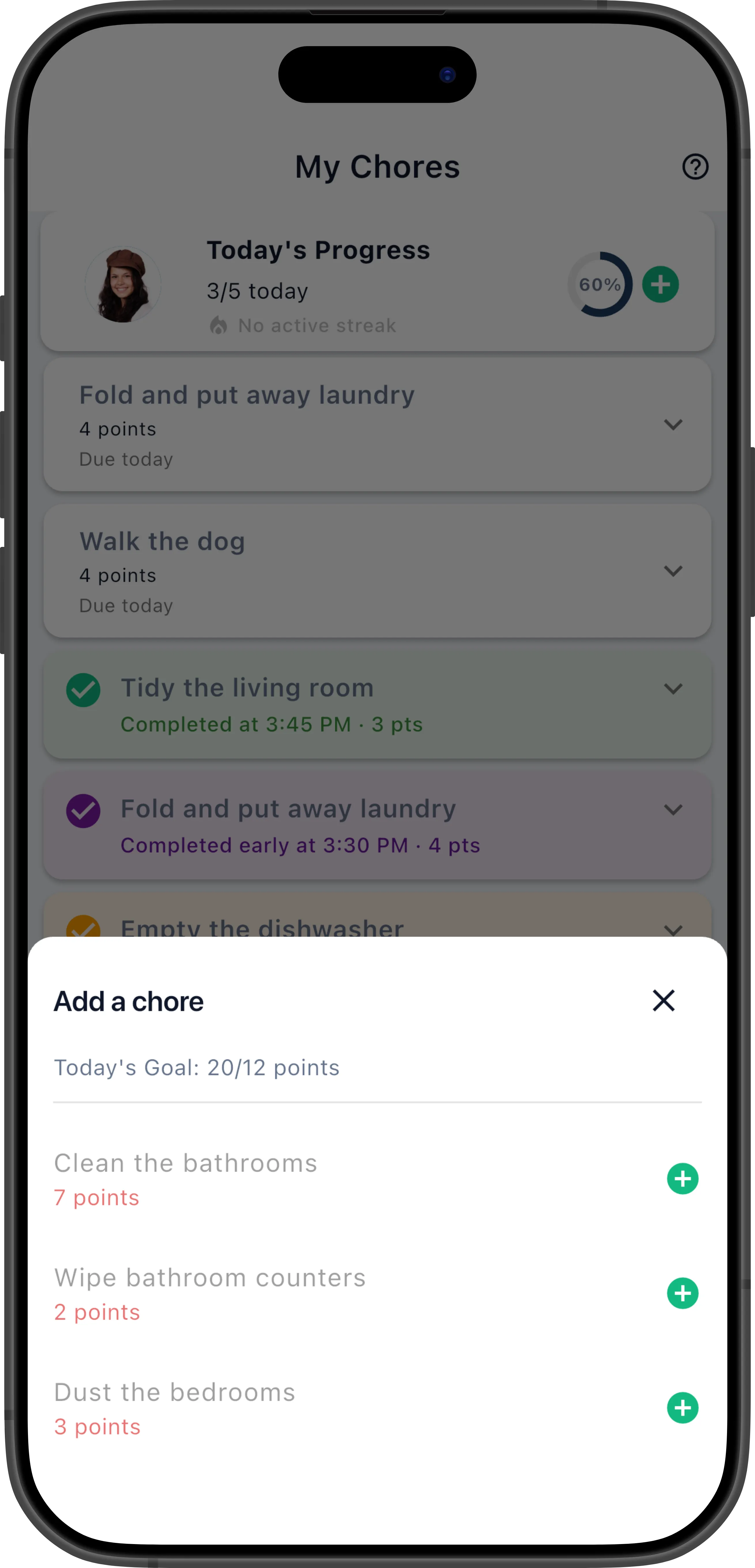 Self-assign bottom sheet showing available chores to pick up