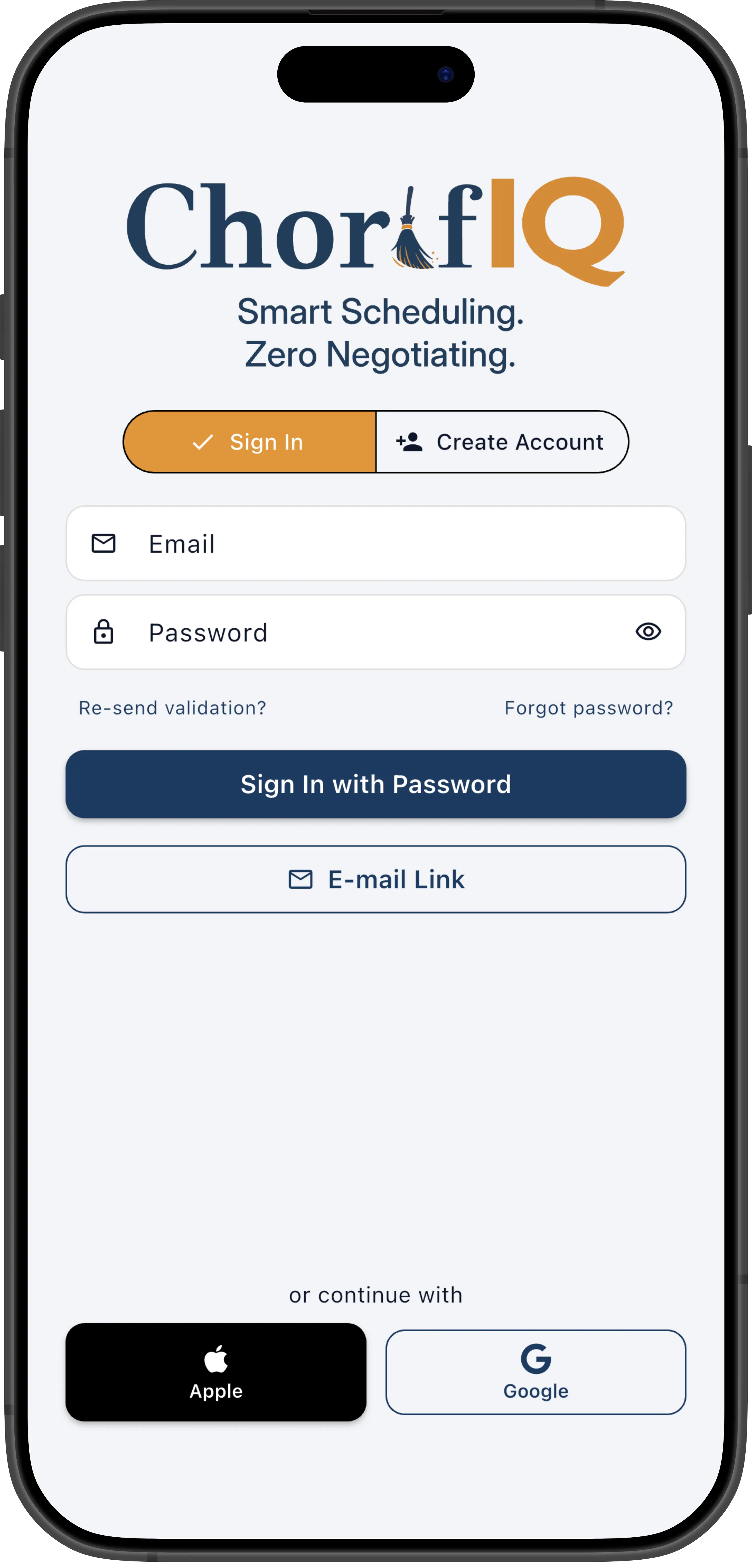 ChorifIQ sign-in screen showing email, Apple, and Google sign-in options and a Sign Up tab