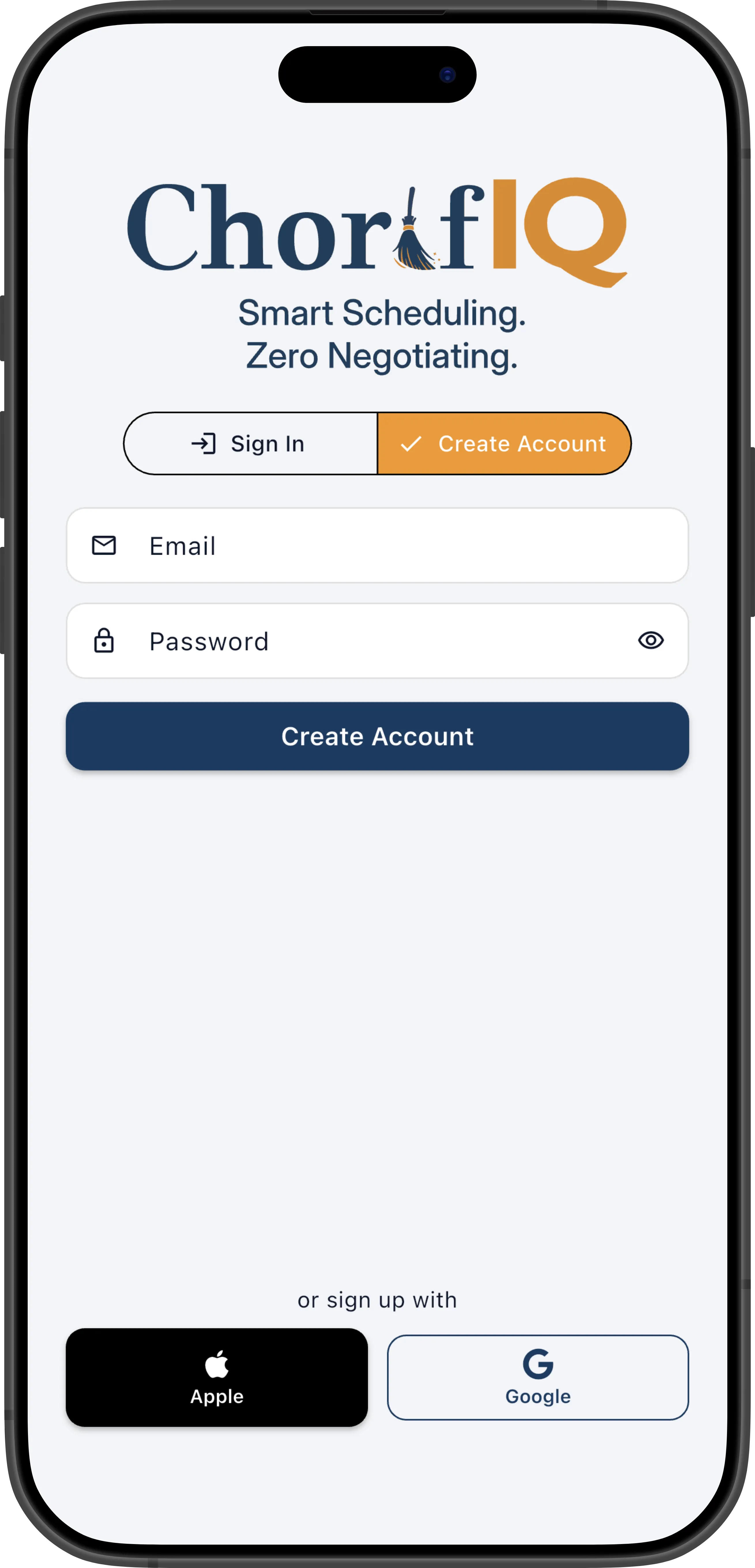 ChorifIQ sign-up screen showing email, Apple, and Google options