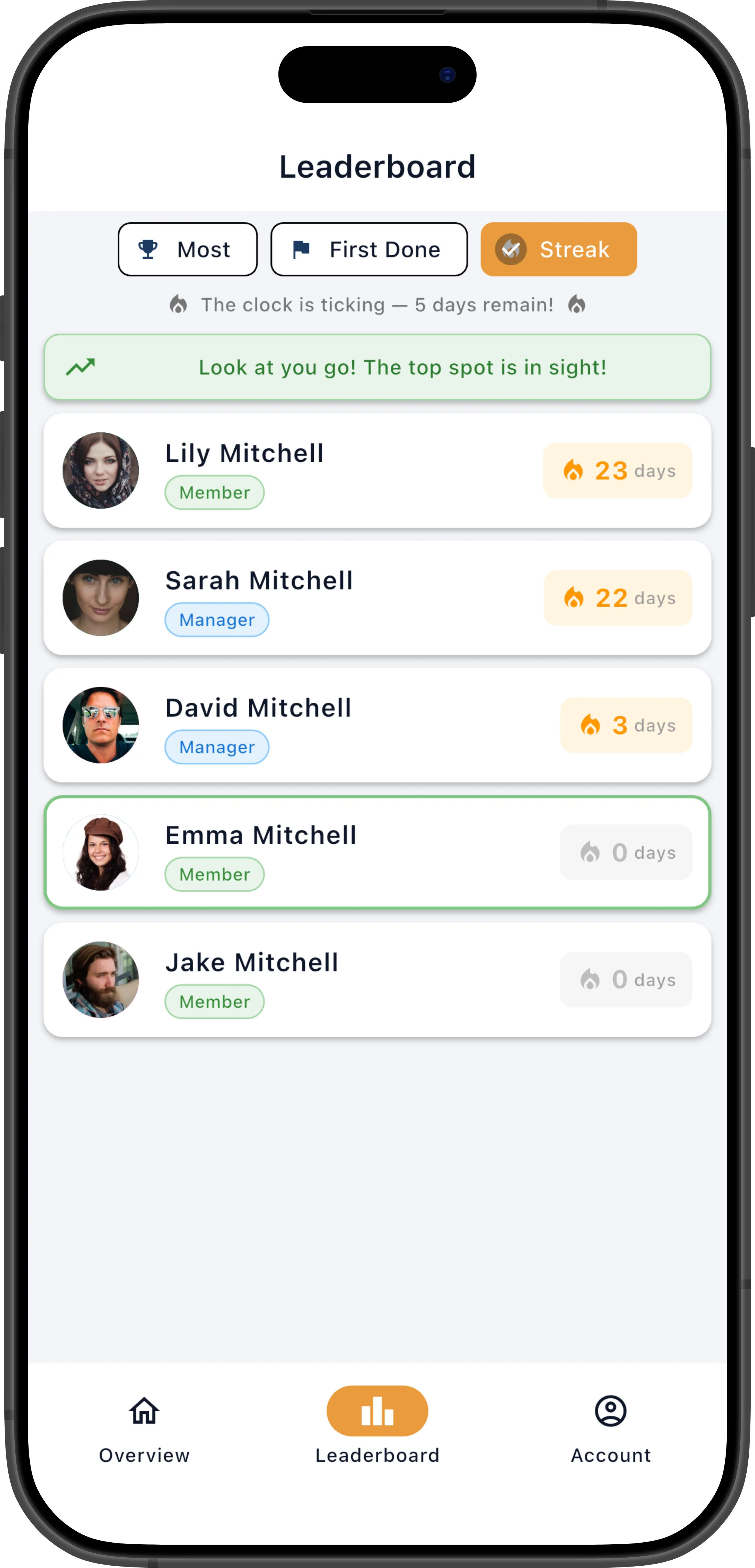 Leaderboard showing streak rankings with member avatars and streak counts